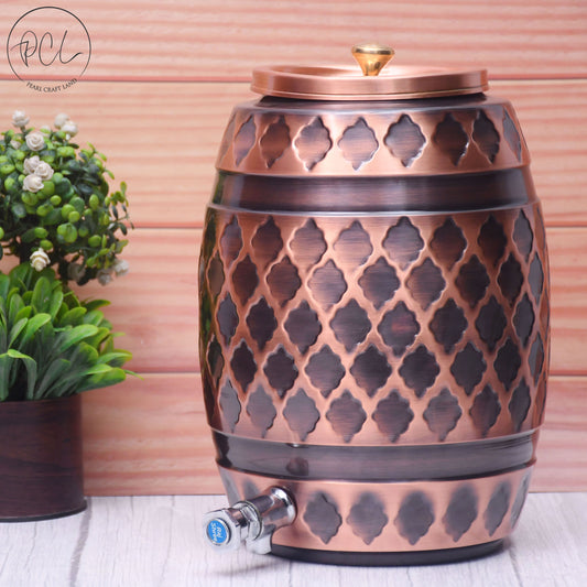 Pure Copper Water Dispenser Barrel Matka Antique Kangura Designed Capacity 8000 ML.