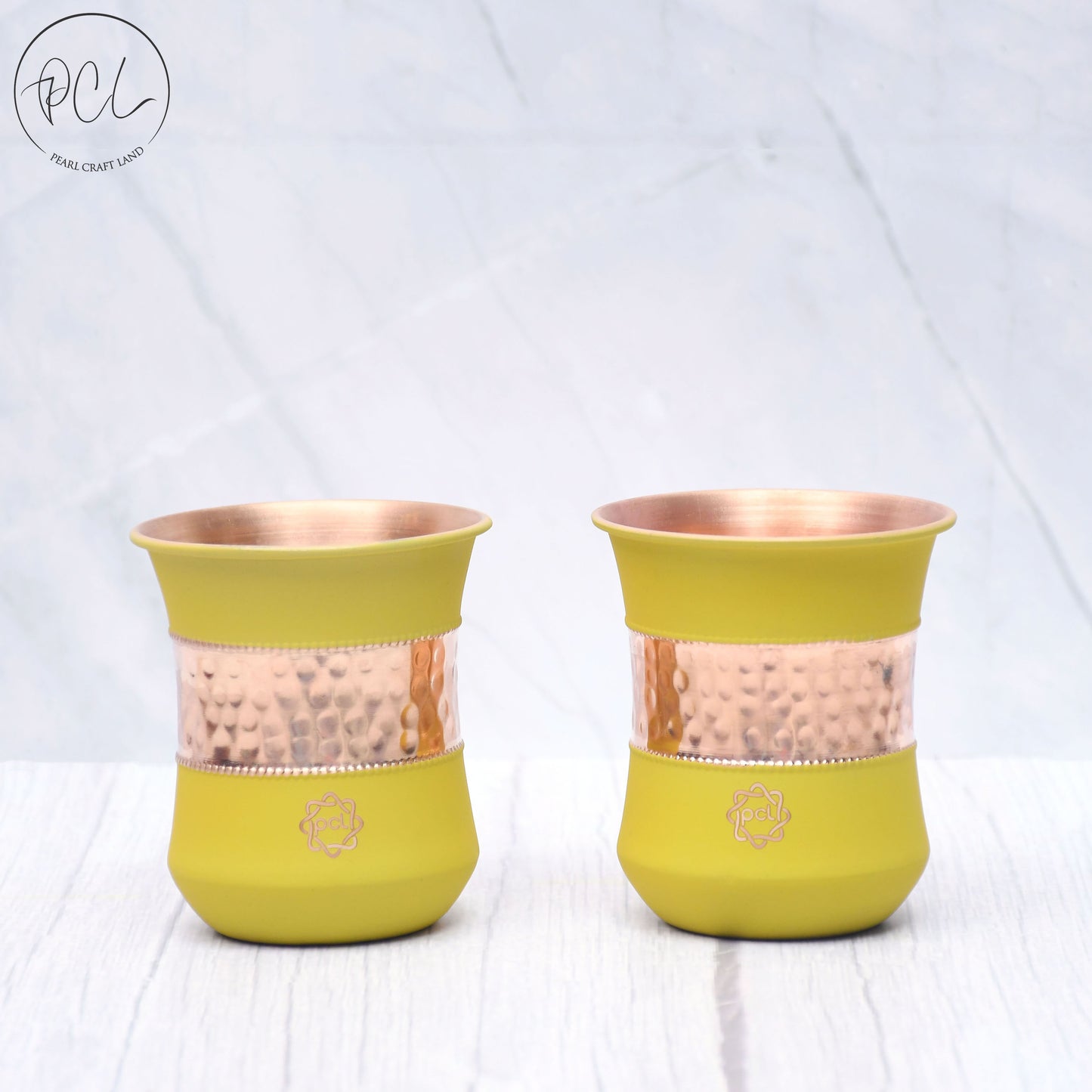 Pure Copper Water Glass Set of 2 Silk Yellow Half Hammered Damru Tumbler Capacity 300ML