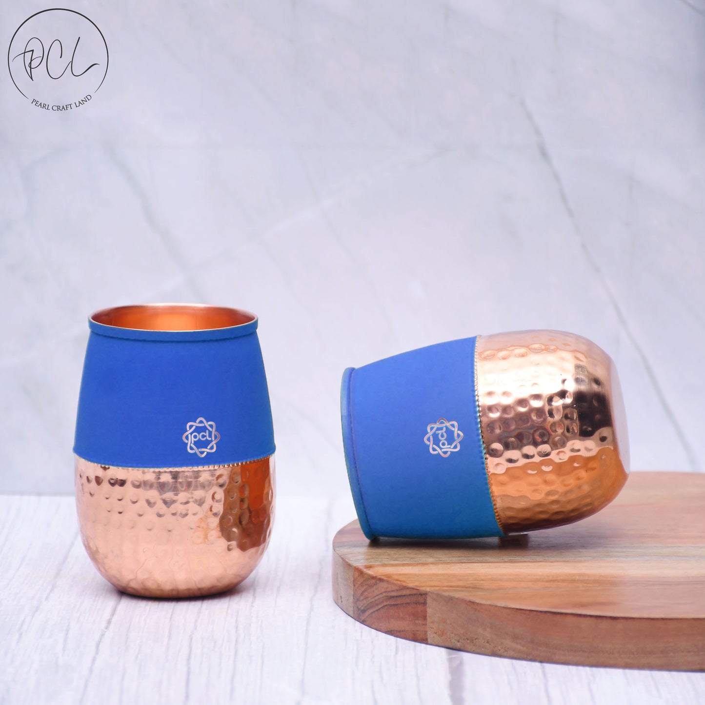 Pure Copper Water Glass Set of 2 Silk Blue Half Hammered Dholak Tumbler Capacity 250ML