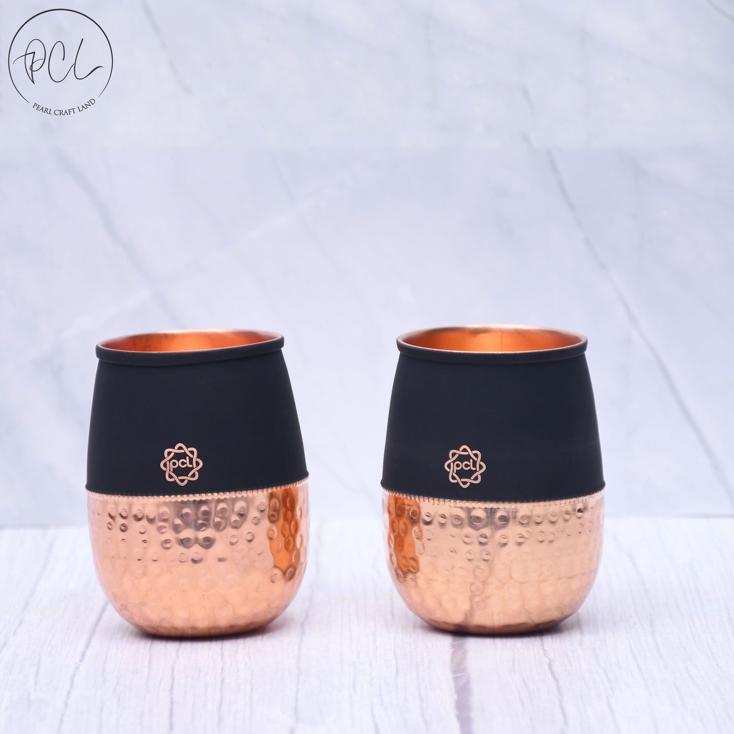 Pure Copper Water Glass Set of 2 Silk Black Half Hammered Dholak Tumbler Capacity 250ML