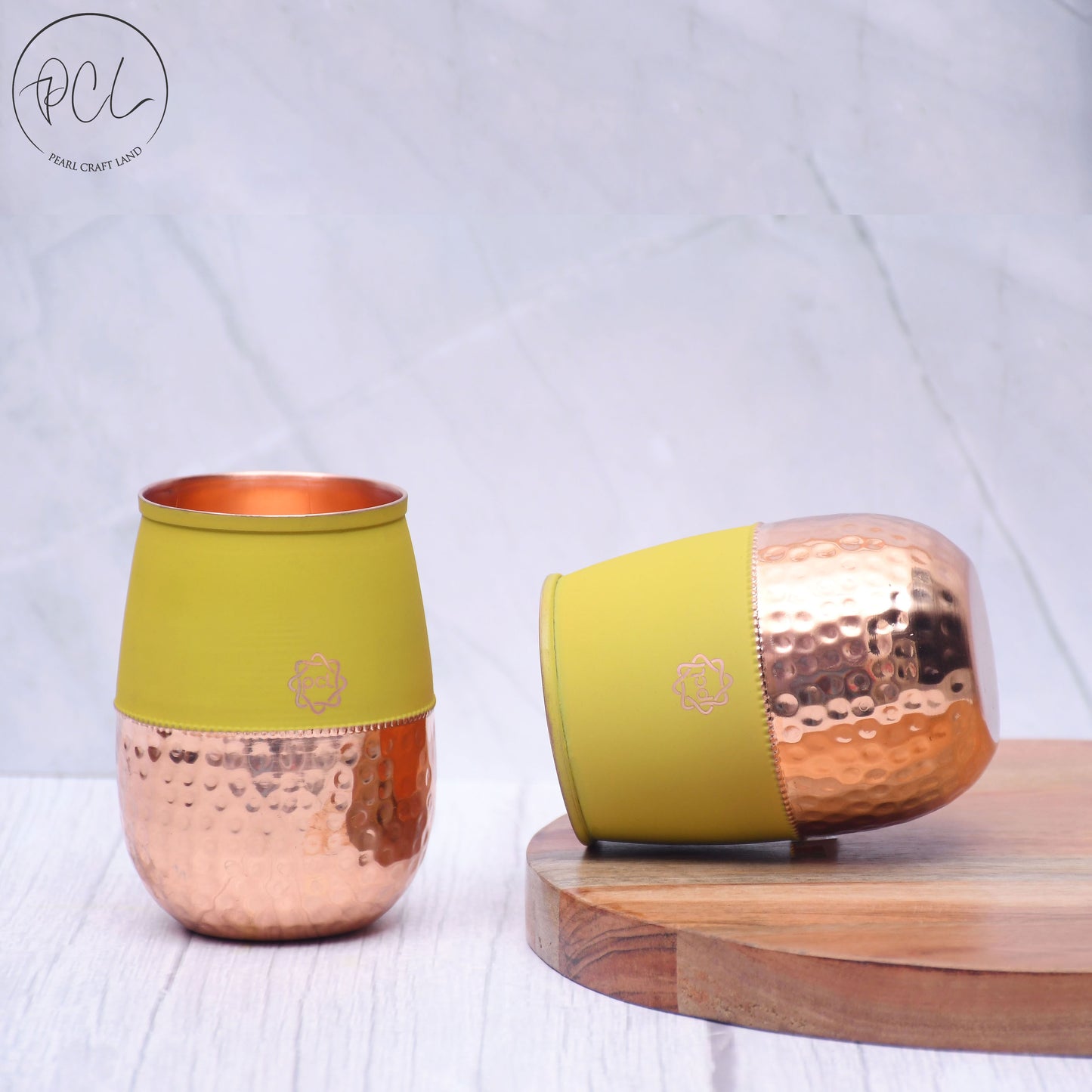 Pure Copper Water Glass Set of 2 Silk Yellow Half Hammered Dholak Tumbler Capacity 250ML