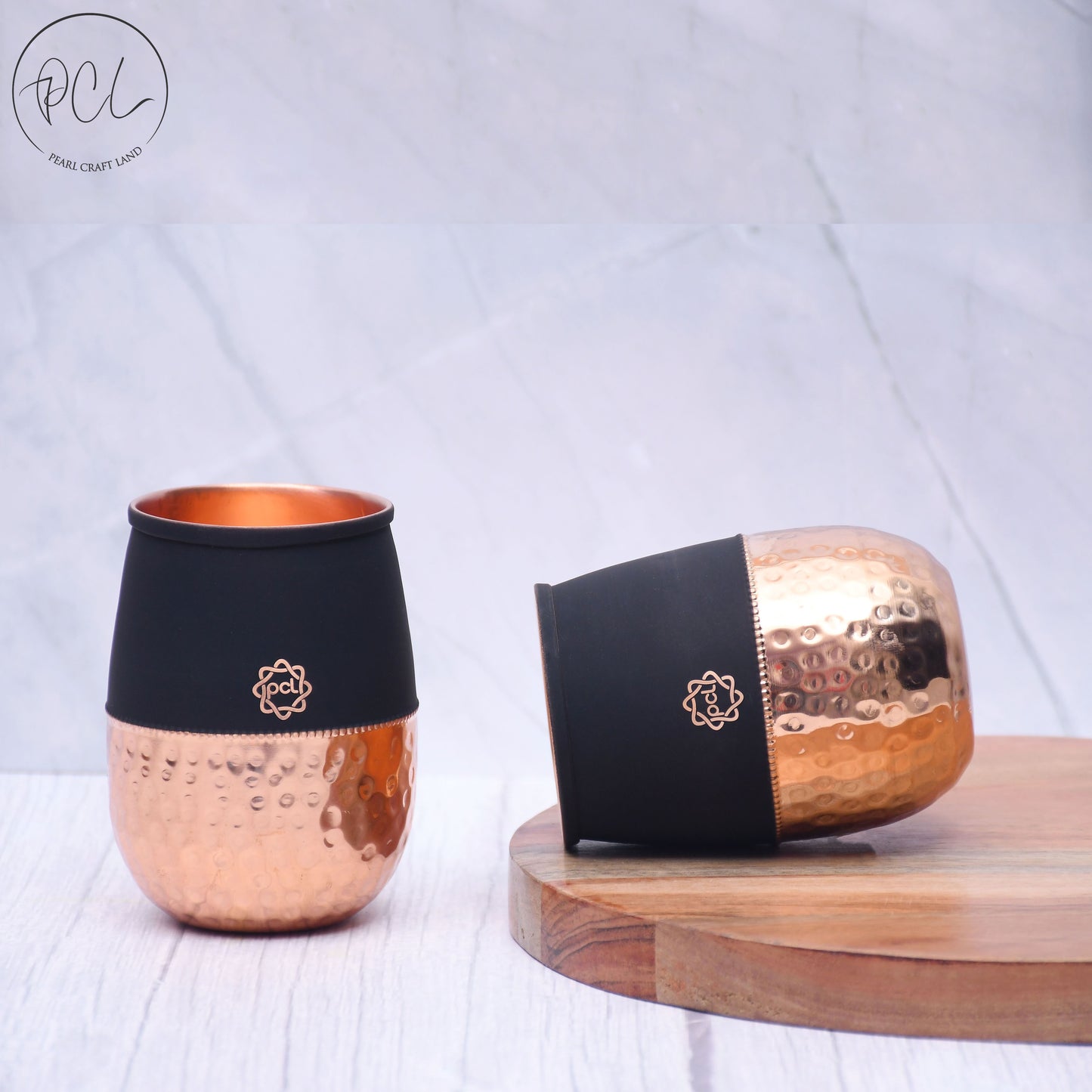 Pure Copper Water Glass Set of 2 Silk Black Half Hammered Dholak Tumbler Capacity 250ML