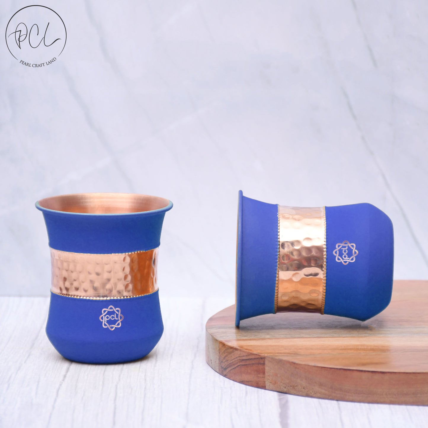 Pure Copper Water Glass Set of 2 Silk Blue Half Hammered Damru Tumbler Capacity 300ML