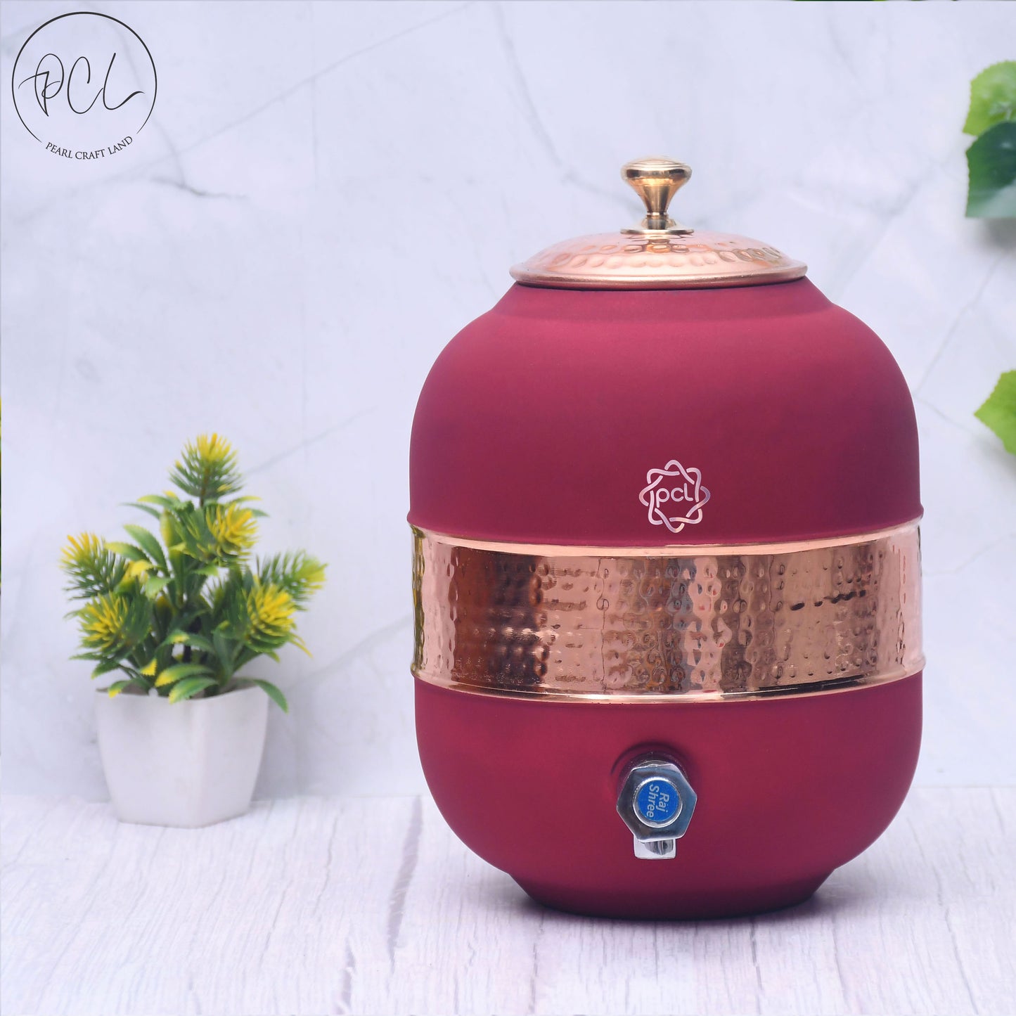 Pure Copper Silk Red Cherry Half Hammered Water Dispenser (Matka) Capacity 5000ML