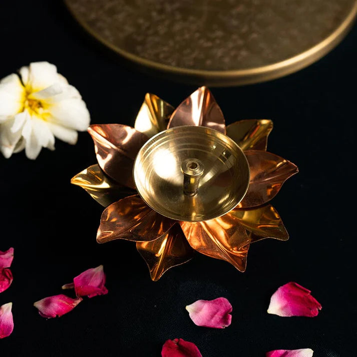 SATVIK 12-Piece Brass Copper Lotus Flower Diya Set - Traditional Indian Oil Lamp For Diwali Puja Decoration