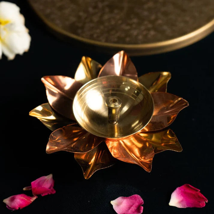 Pure Copper / Brass Elegant Handcrafted Metal Lotus Diya ( 4 INCH ) Diwali Special