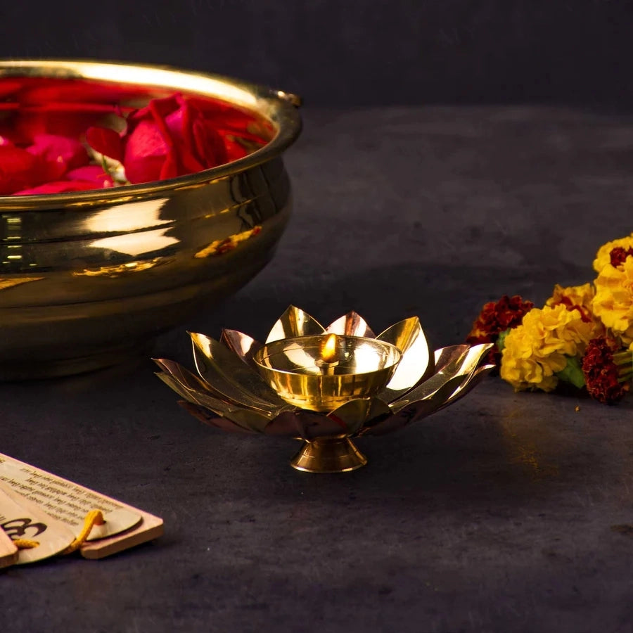 Pure Copper / Brass Elegant Handcrafted Metal Lotus Diya ( 5 INCH ) Diwali Special