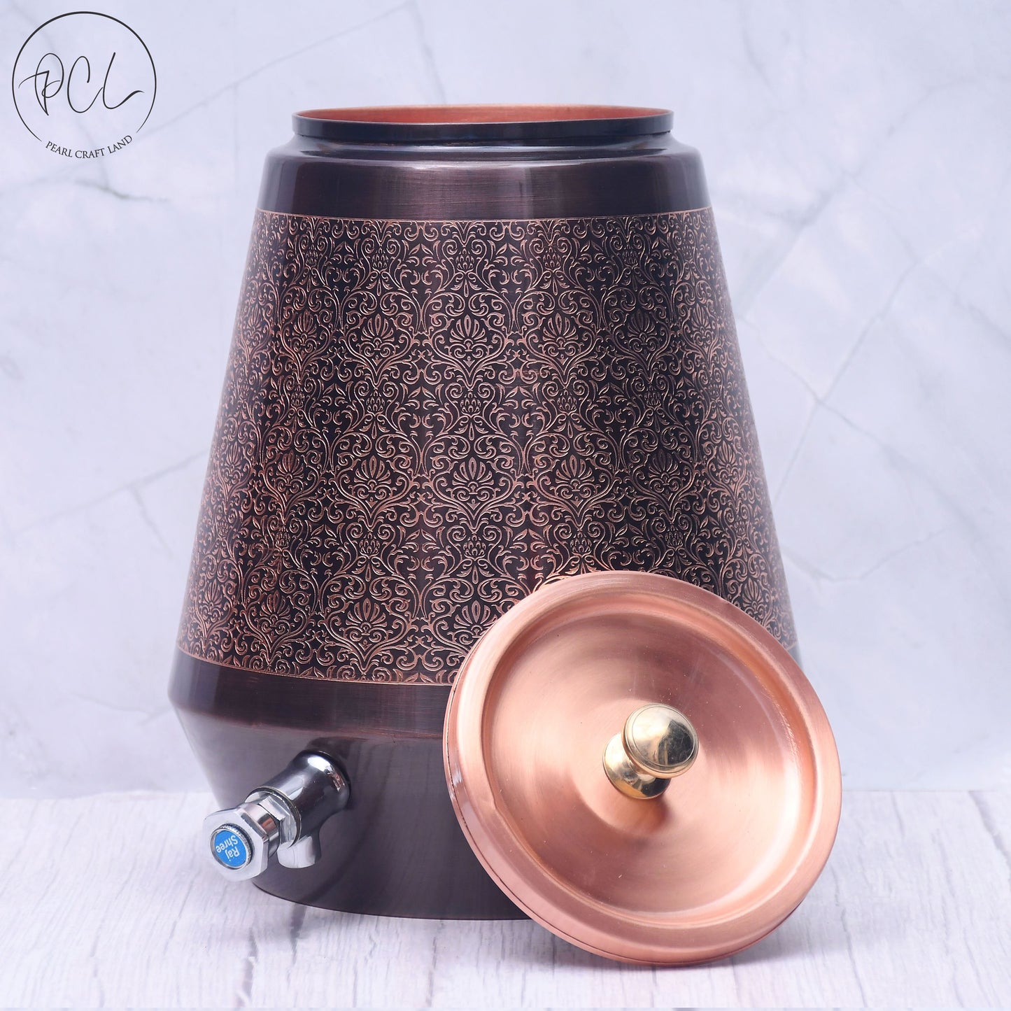 Pure Copper Water Dispenser Conical Antique Engraved Designed Capacity 8000 ML