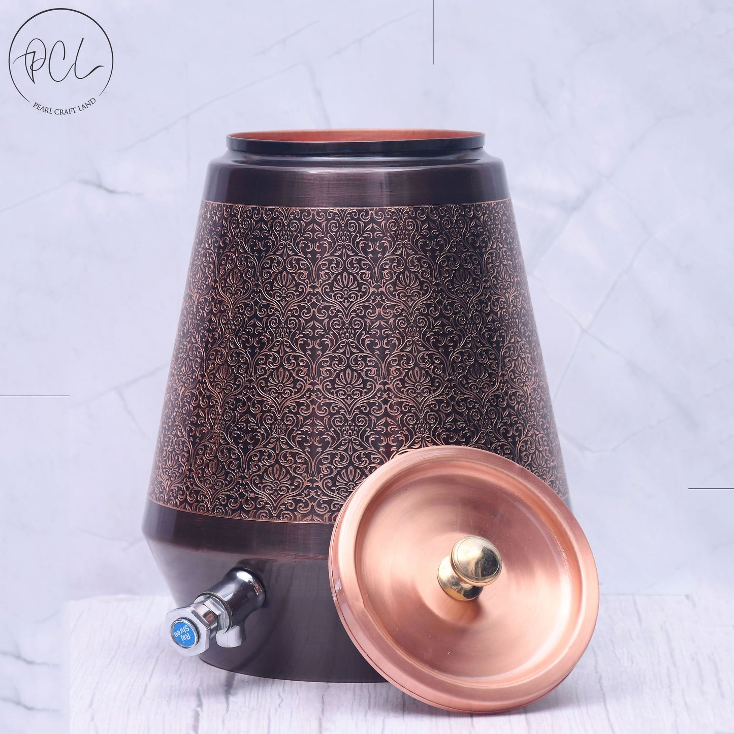 Pure Copper Water Dispenser Conical Antique Engraved Designed Capacity 5000 ML