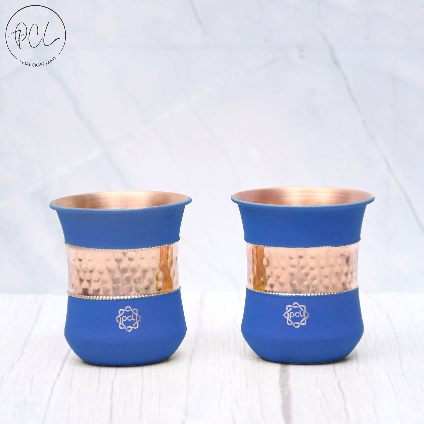 Pure Copper Water Glass Set of 2 Silk Blue Half Hammered Damru Tumbler Capacity 300ML