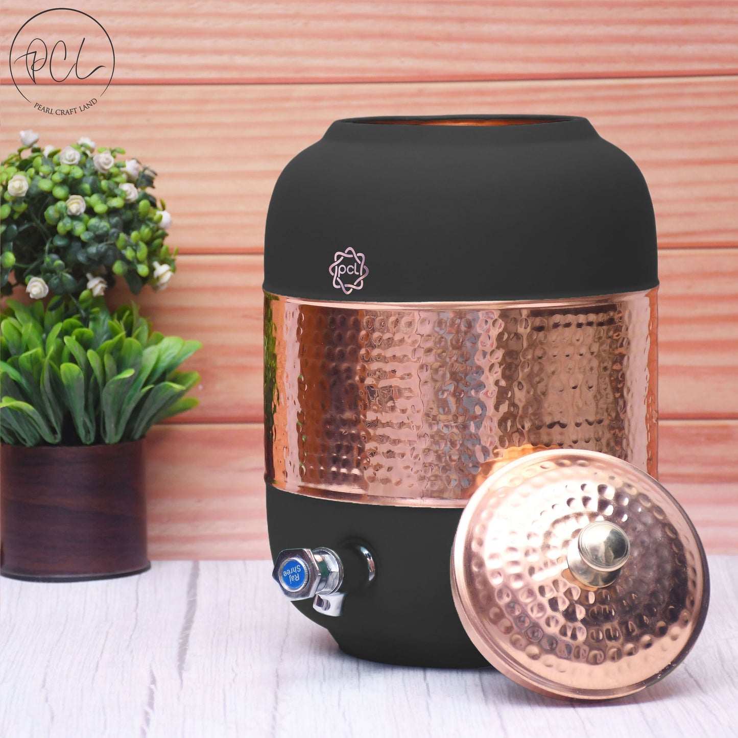 Pure Copper Silk Black Half Hammered Water Dispenser (Matka) Capacity 8000ML