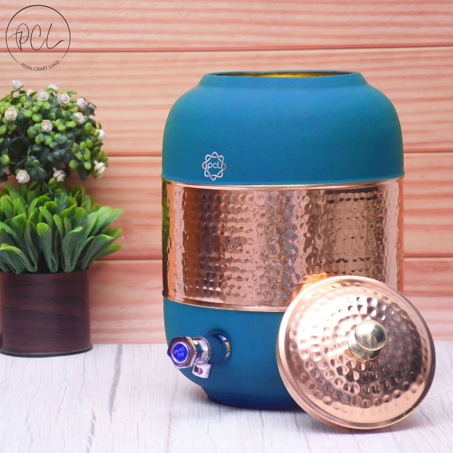 Pure Copper Silk Blue Half Hammered Water Dispenser (Matka) Capacity 8000ML