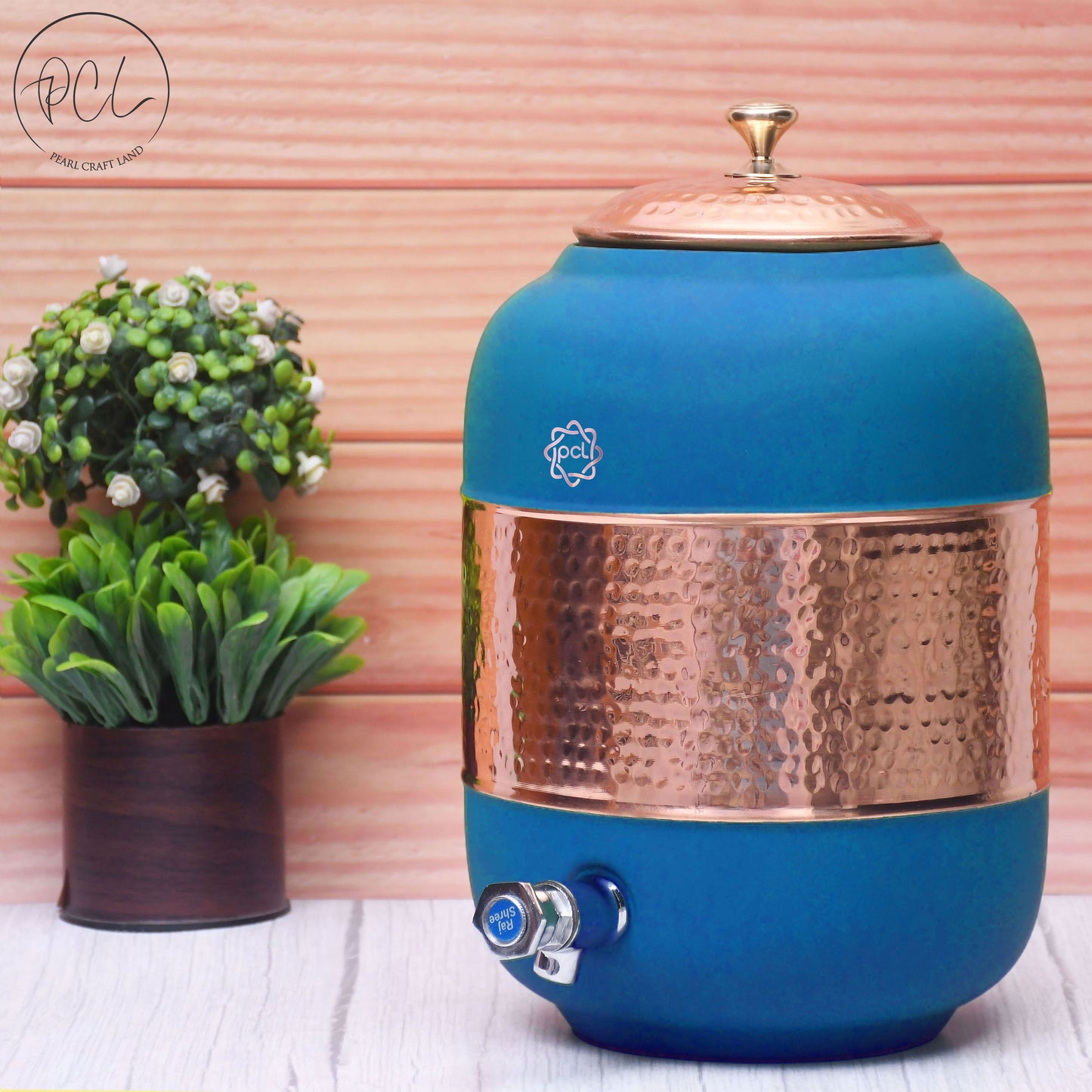 Pure Copper Silk Blue Half Hammered Water Dispenser (Matka) Capacity 8000ML