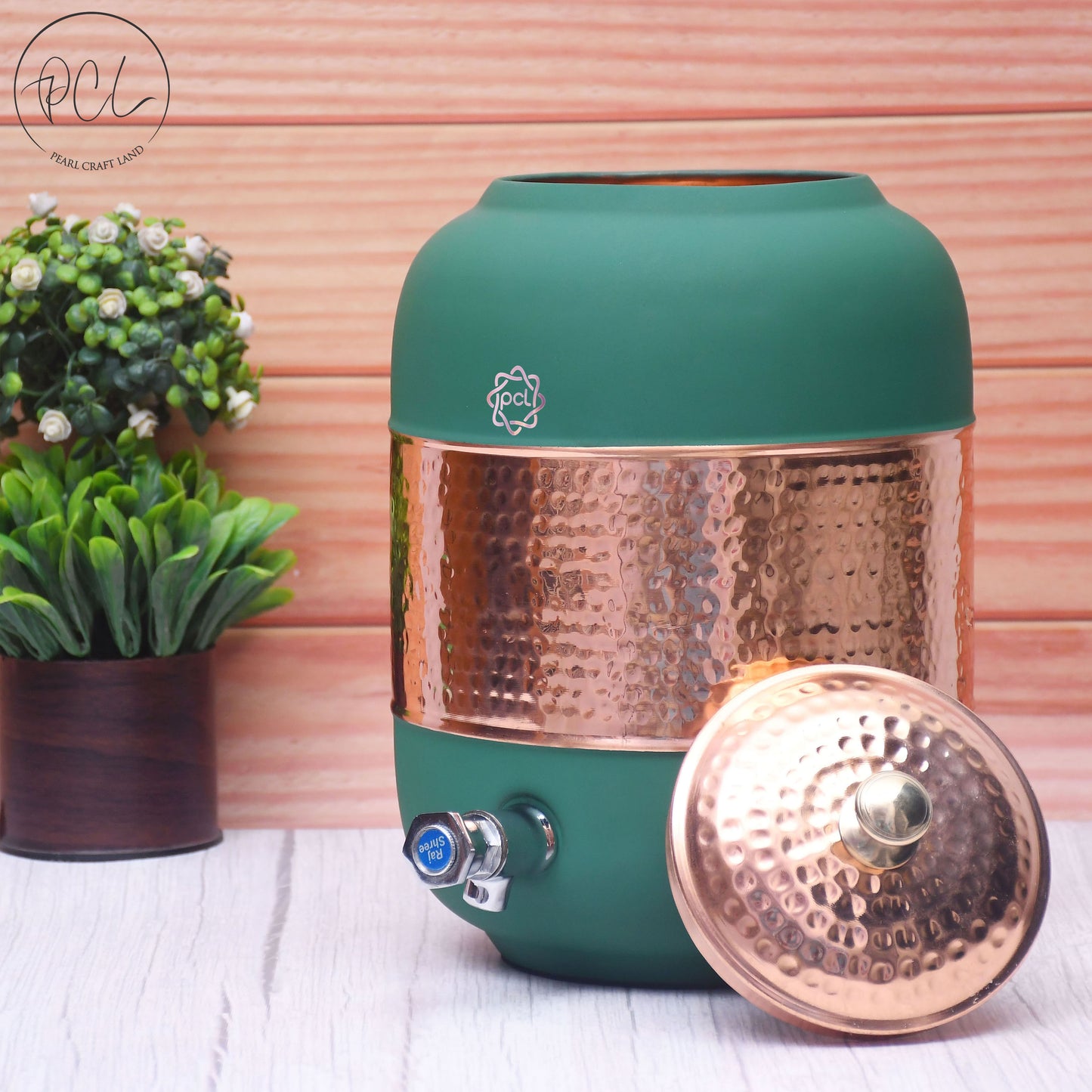 Pure Copper Silk Green Half Hammered Water Dispenser (Matka) Capacity 8000ML