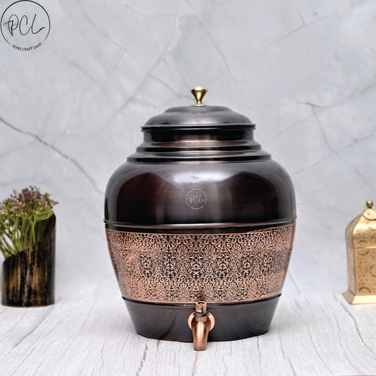 Pure Copper Water Dispenser Round Antique Engraved Designed Matka.