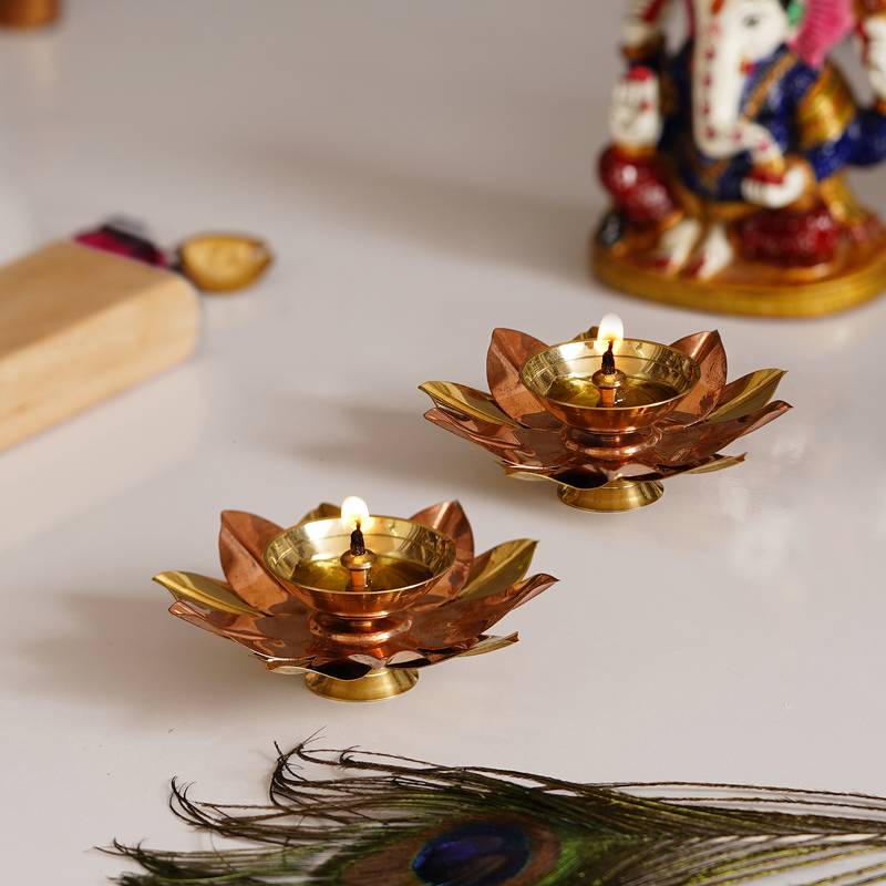 Pure Copper / Brass Elegant Handcrafted Metal Lotus Diya Set of 2 Diwali Special