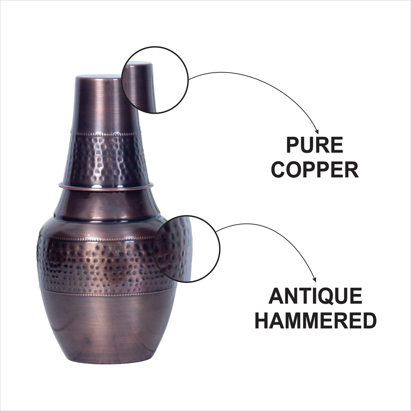 Pure Copper Bedside Black Venus Jar Antique Hammered with Inbuilt Glass Capacity 1400 ML