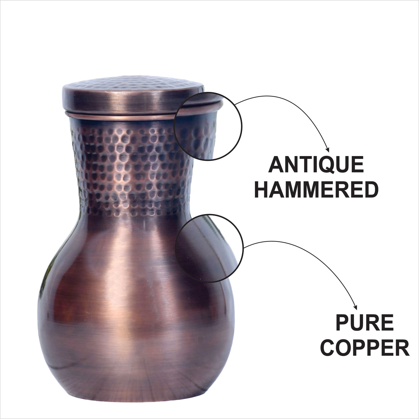 Pure Copper Bedside Damru Jar Antique Hammered with In-Built Glass Capacity 1200ML