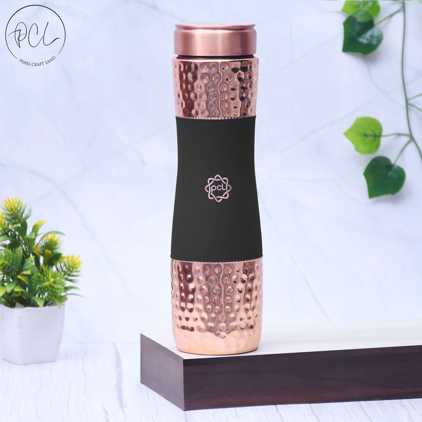 Pure Copper Water Bottle Silk Black Half Hammered Capacity 1000ML