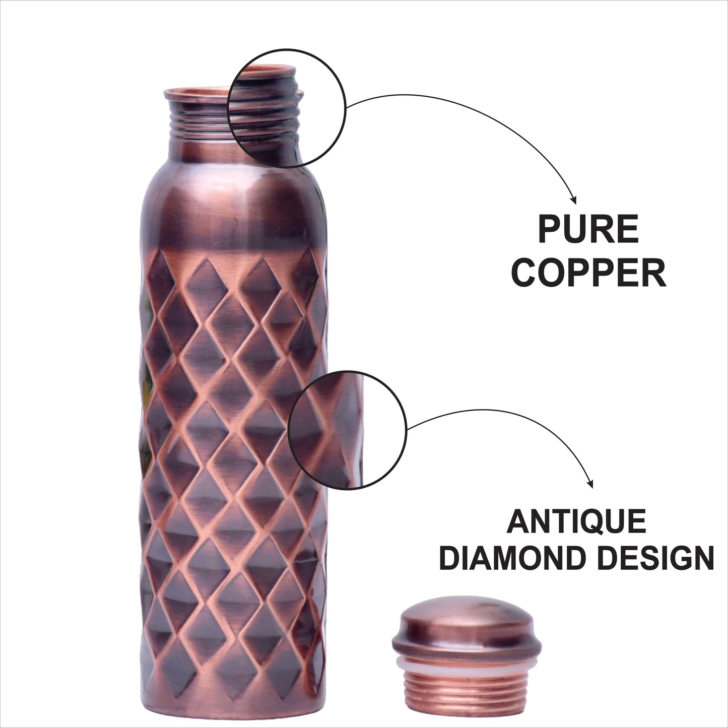 Pure Copper Water Bottle Antique Diamond Design Capacity 1000ML