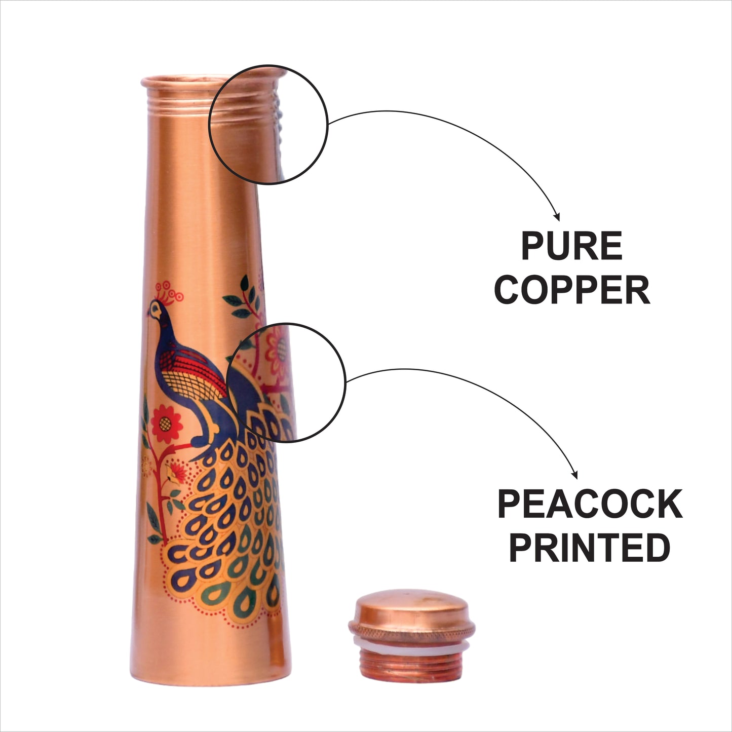 Pure Copper Water Bottle Unique Peacock Printed Designed Capacity 1000ML