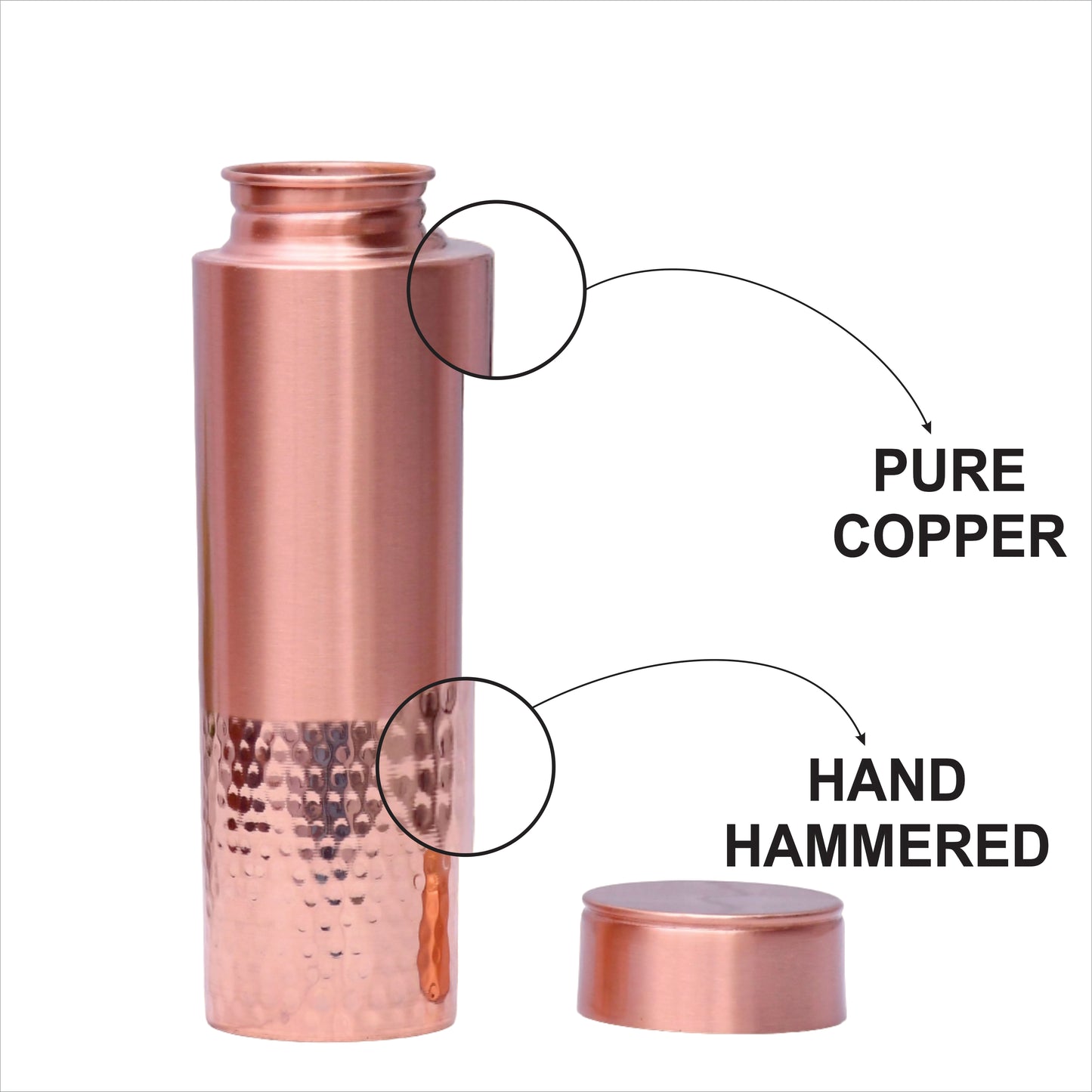 Pure Copper Water Bottle Half Hammered and Half Matt Straight Capacity 1000ML