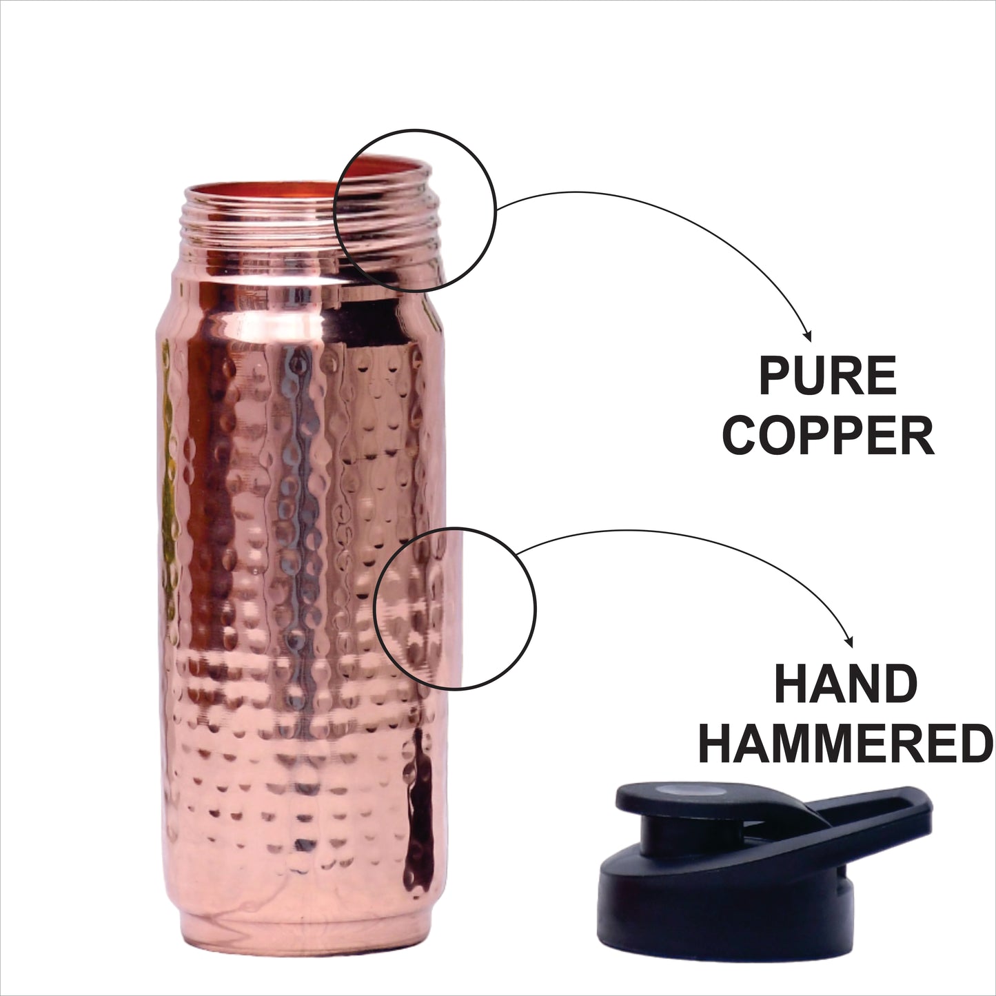 Pure Copper Sipper and Gym Water Bottle Black Cap Hammered Designed Capacity 750ML