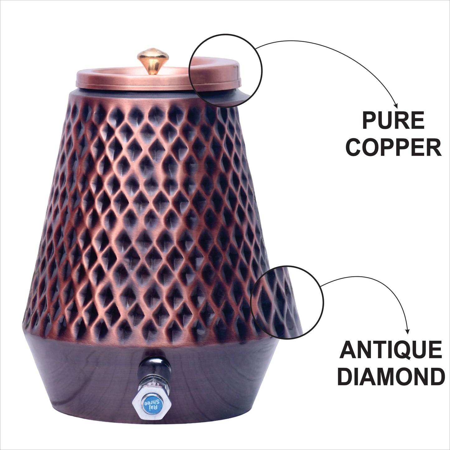 Pure Copper Water Dispenser Conical Antique Diamond Designed Capacity 5000 ML.