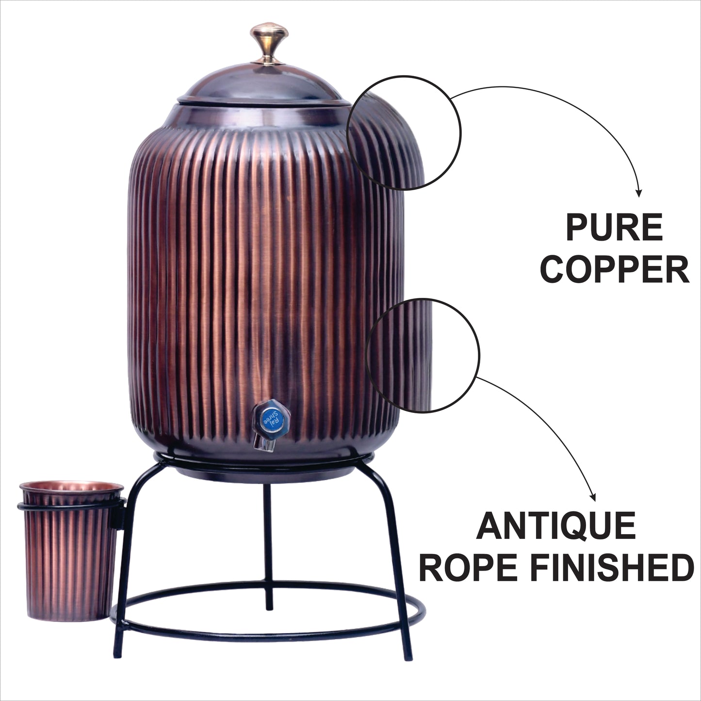 Pure Copper Water Dispenser with Glass and Stand Antique Rope Designed Combo Capacity 5000 ML.