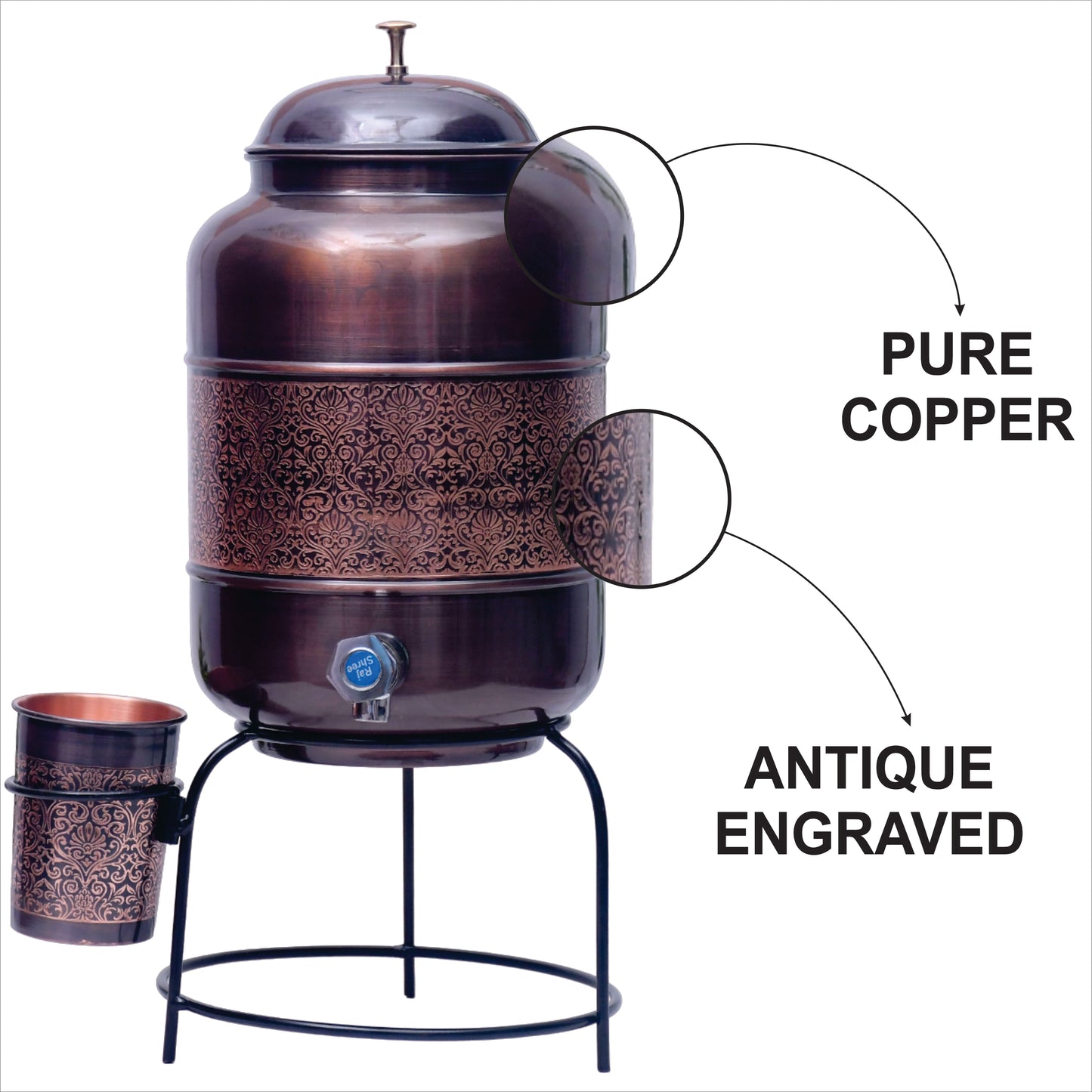 Pure Copper Water Dispenser with Glass and Stand Antique Engraved Designed Combo Capacity 5000 ML.