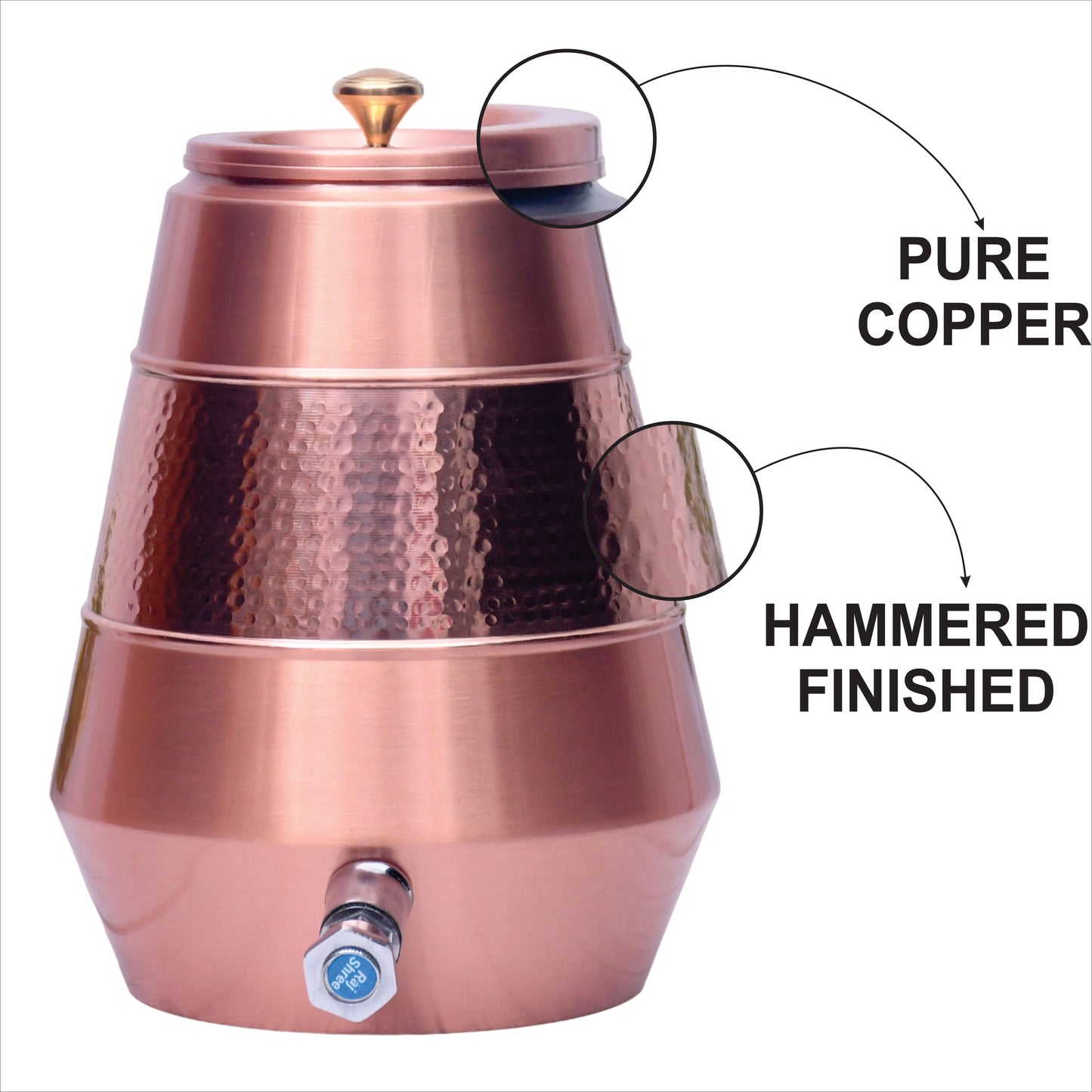 Pure Copper Water Dispenser Conical Half Hammered Designed Capacity 8000 ML.