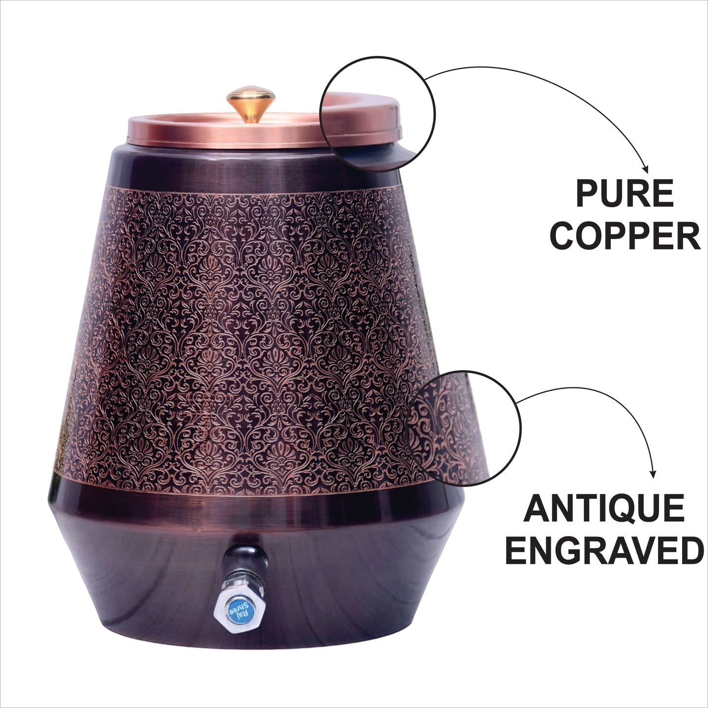 Pure Copper Water Dispenser Conical Antique Engraved Designed Capacity 5000 ML