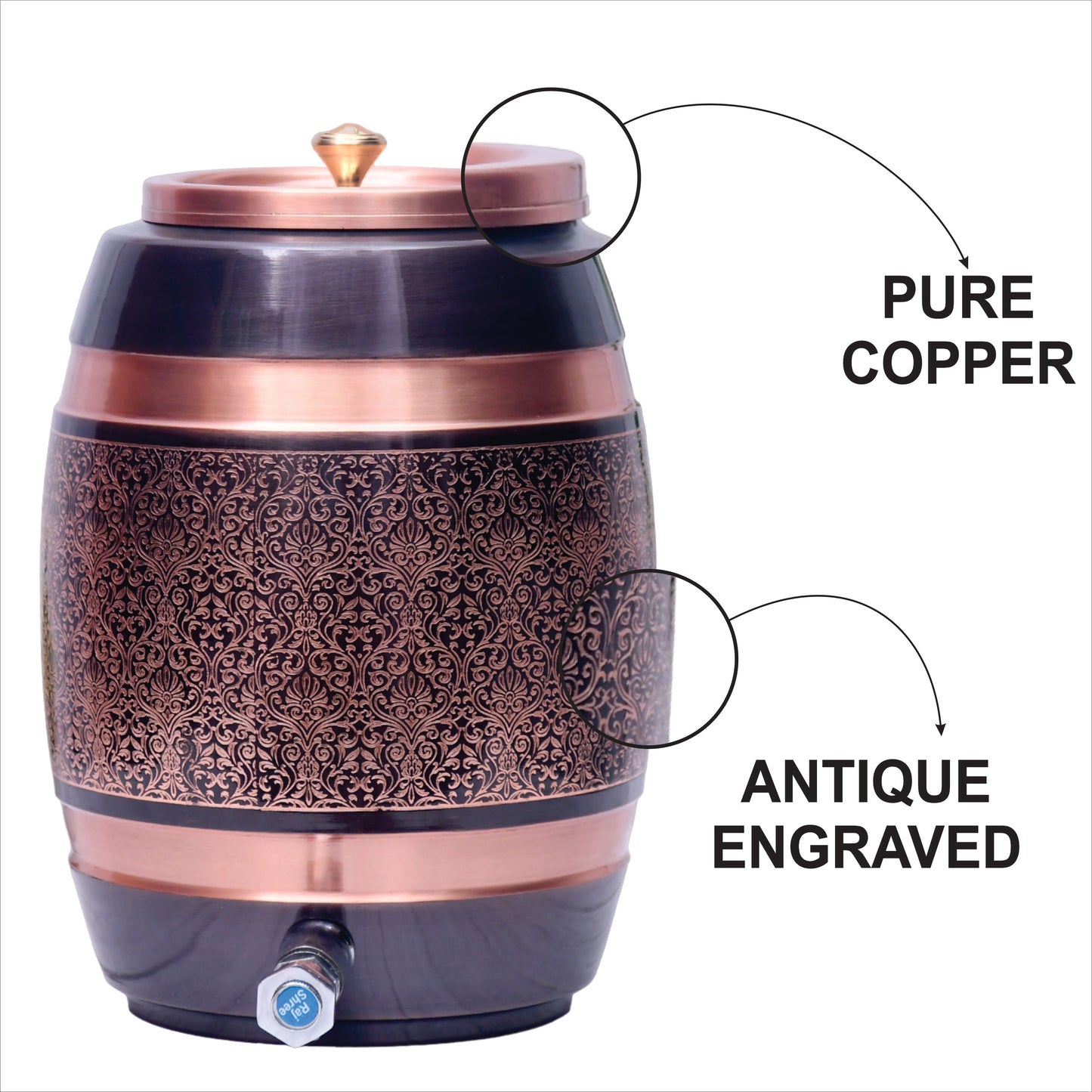 Pure Copper Water Dispenser Barrel Matka Antique Engraved Designed Capacity 8000 ML.