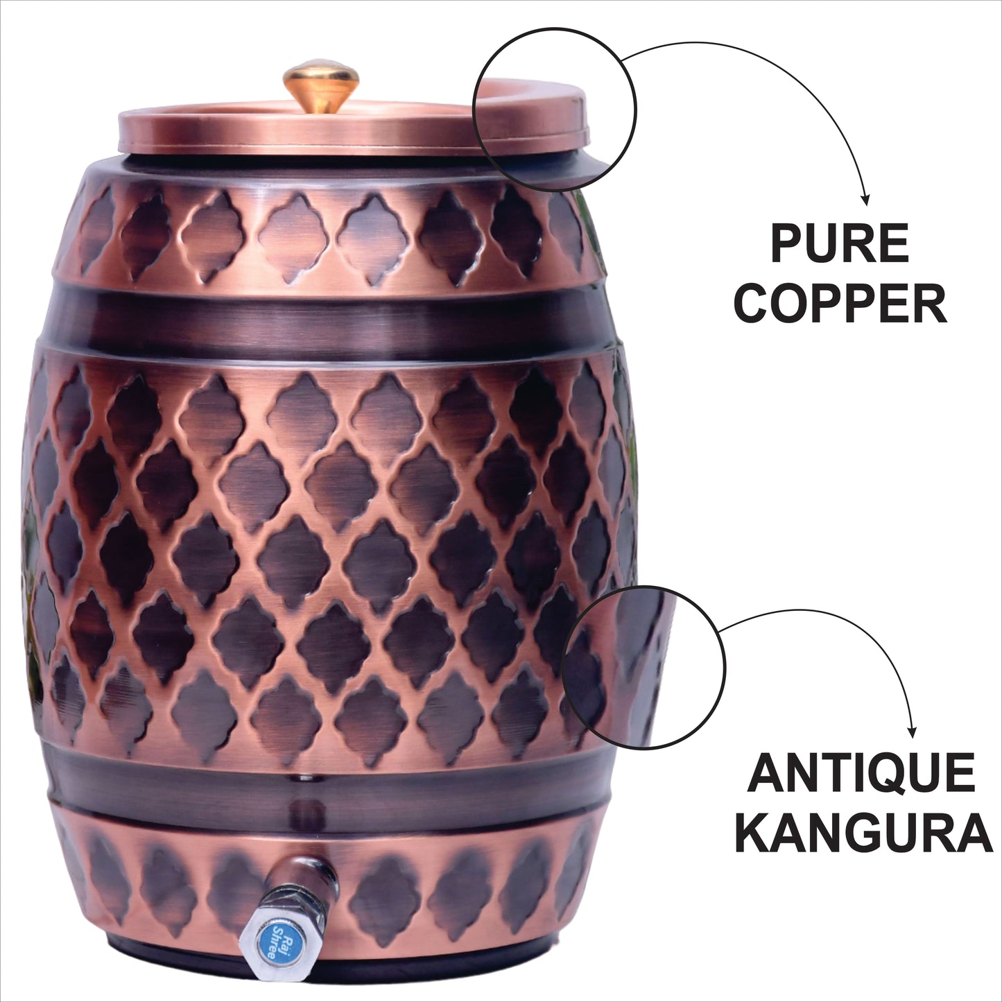 Pure Copper Water Dispenser Barrel Matka Antique Kangura Designed Capacity 8000 ML.