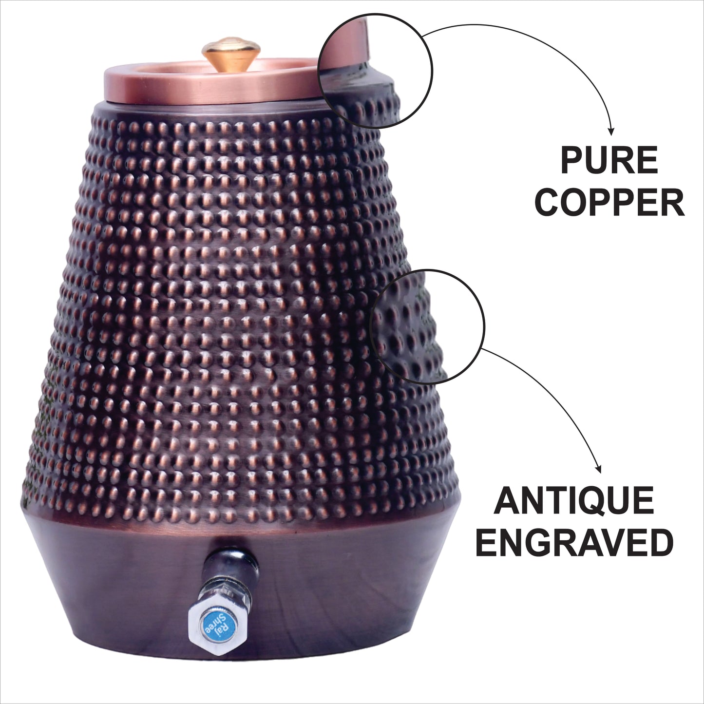 Pure Copper Water Dispenser Conical Antique Bubble Designed Capacity 8000 ML.