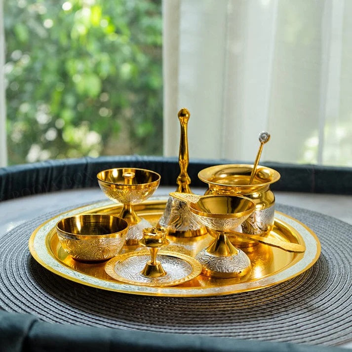 Exclusive Brass Pooja Thali with Brass Finished (Set of 8)