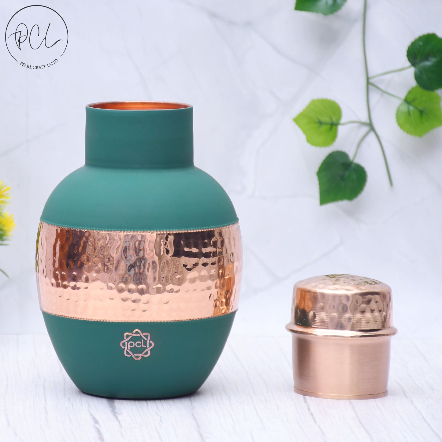 Pure Copper Silk Green Apple Pot with Inbuilt Glass Capacity 1200ML