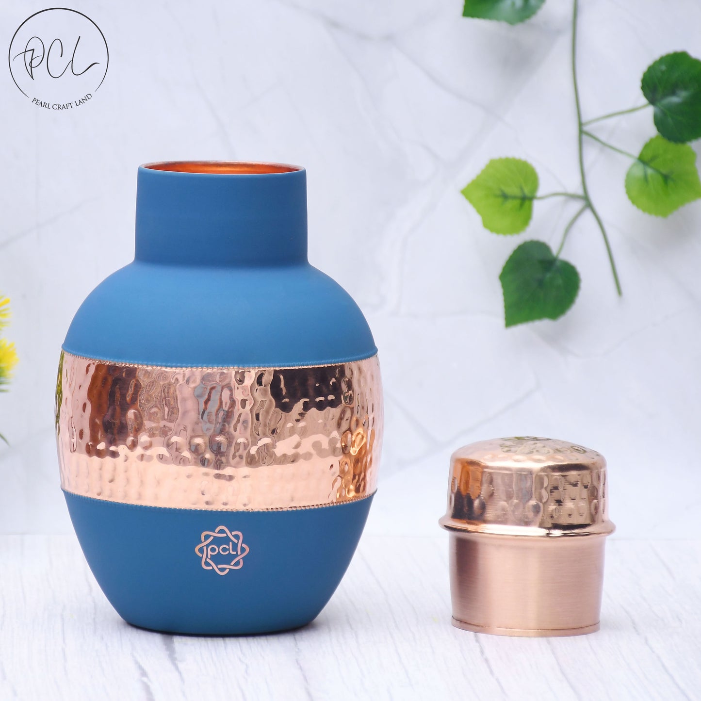 Pure Copper Silk Blue Apple Pot with Inbuilt Glass Capacity 1200ML