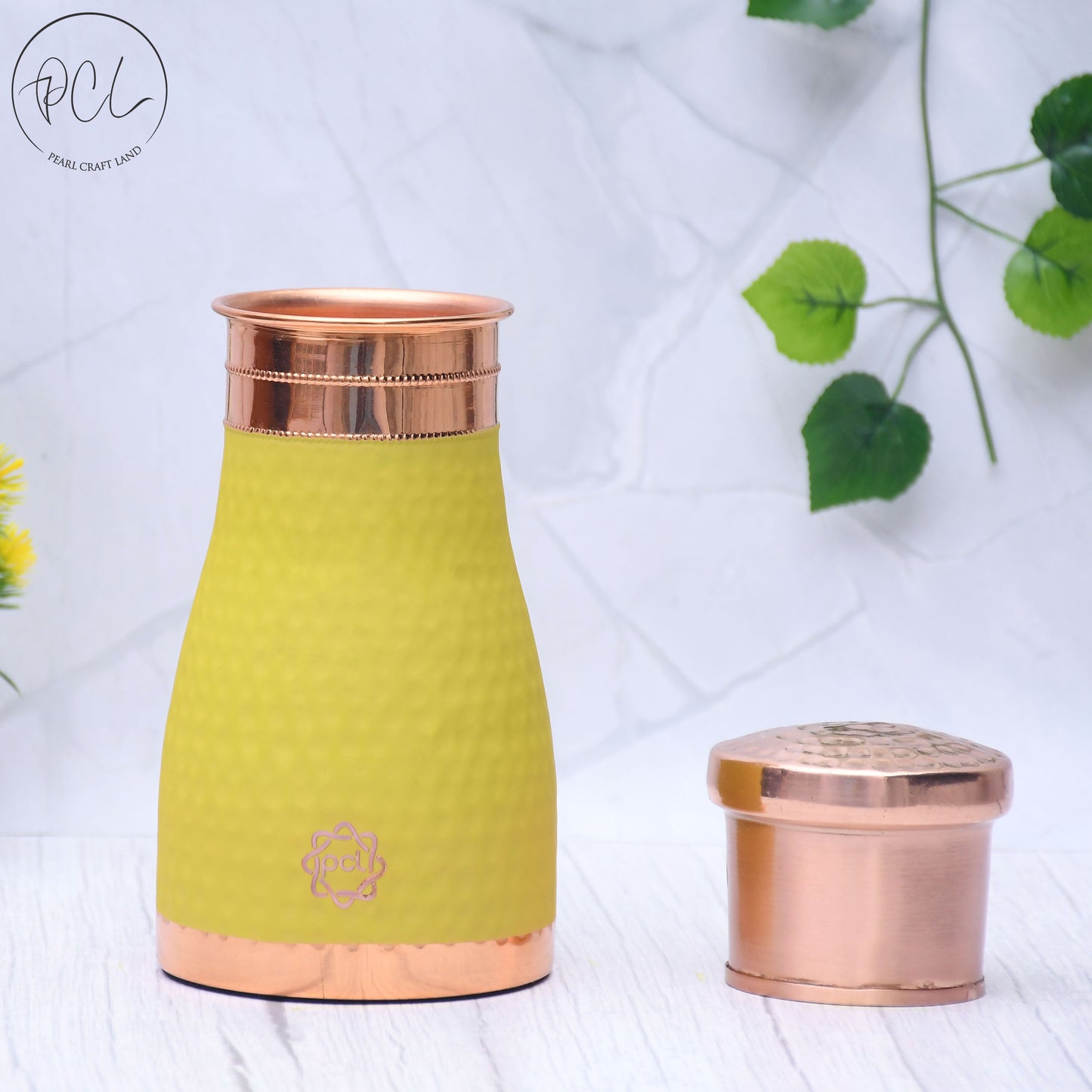 Pure Copper Silk Yellow Bedside Jar with Inbuilt Glass Capacity 1000ML