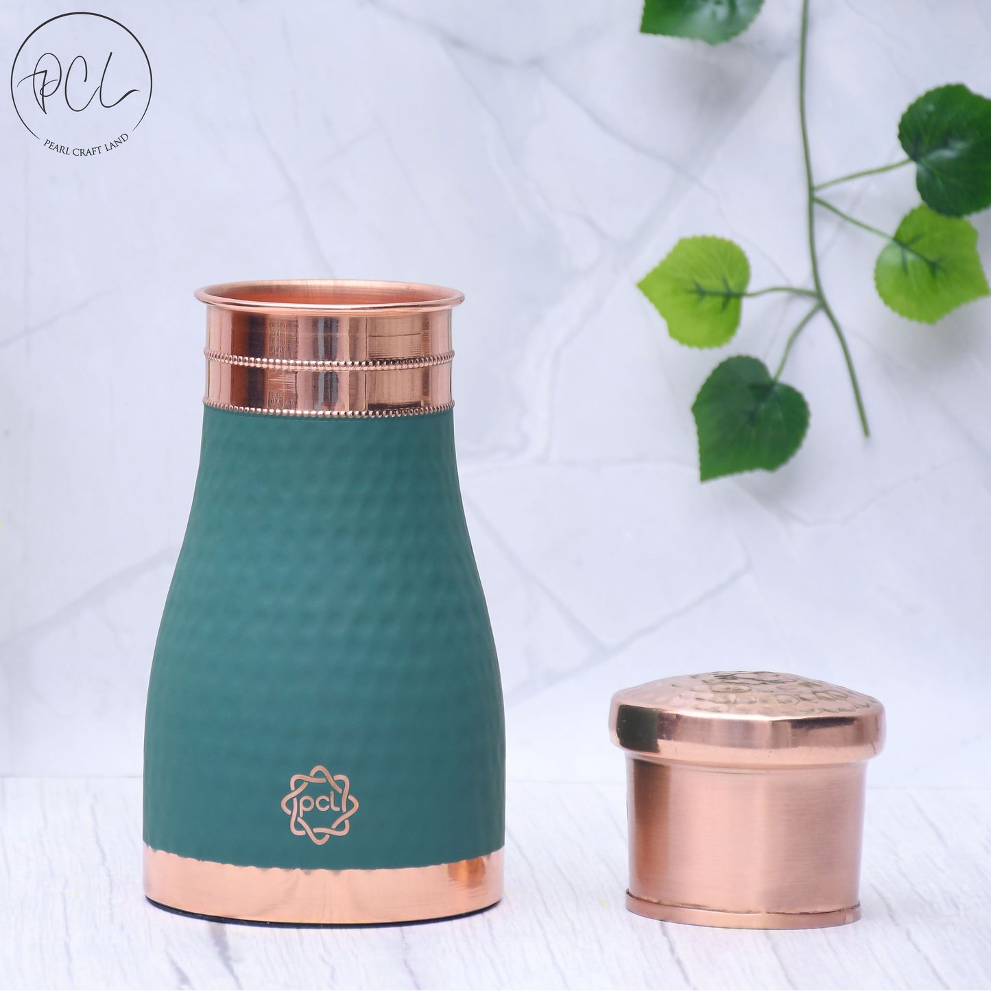 Pure Copper Silk Green Bedside Jar with Inbuilt Glass Capacity 1000ML.