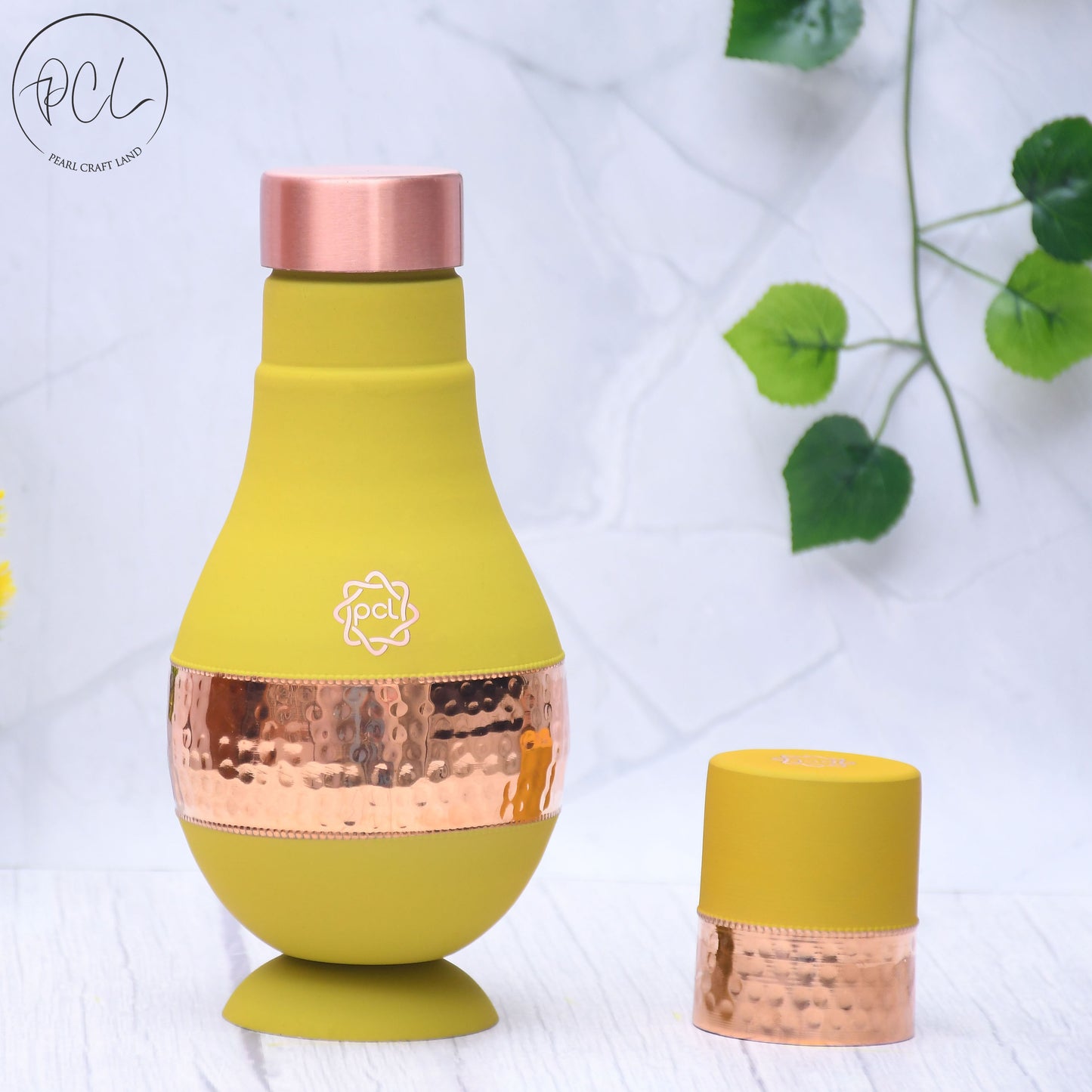 Pure Copper Silk Yellow Modern Surahi with Inbuilt Glass Capacity 1000ML