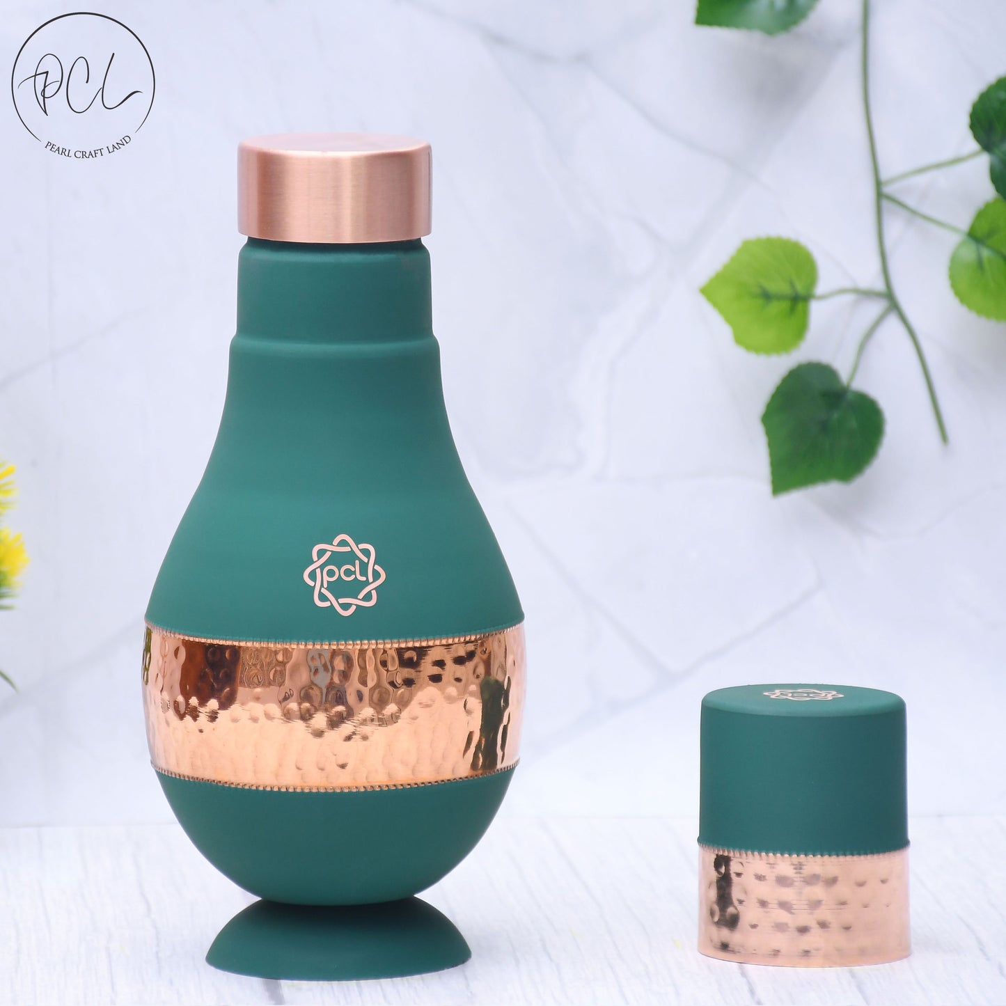 Pure Copper Silk Green Modern Surahi with Inbuilt Glass Capacity 1000 ML