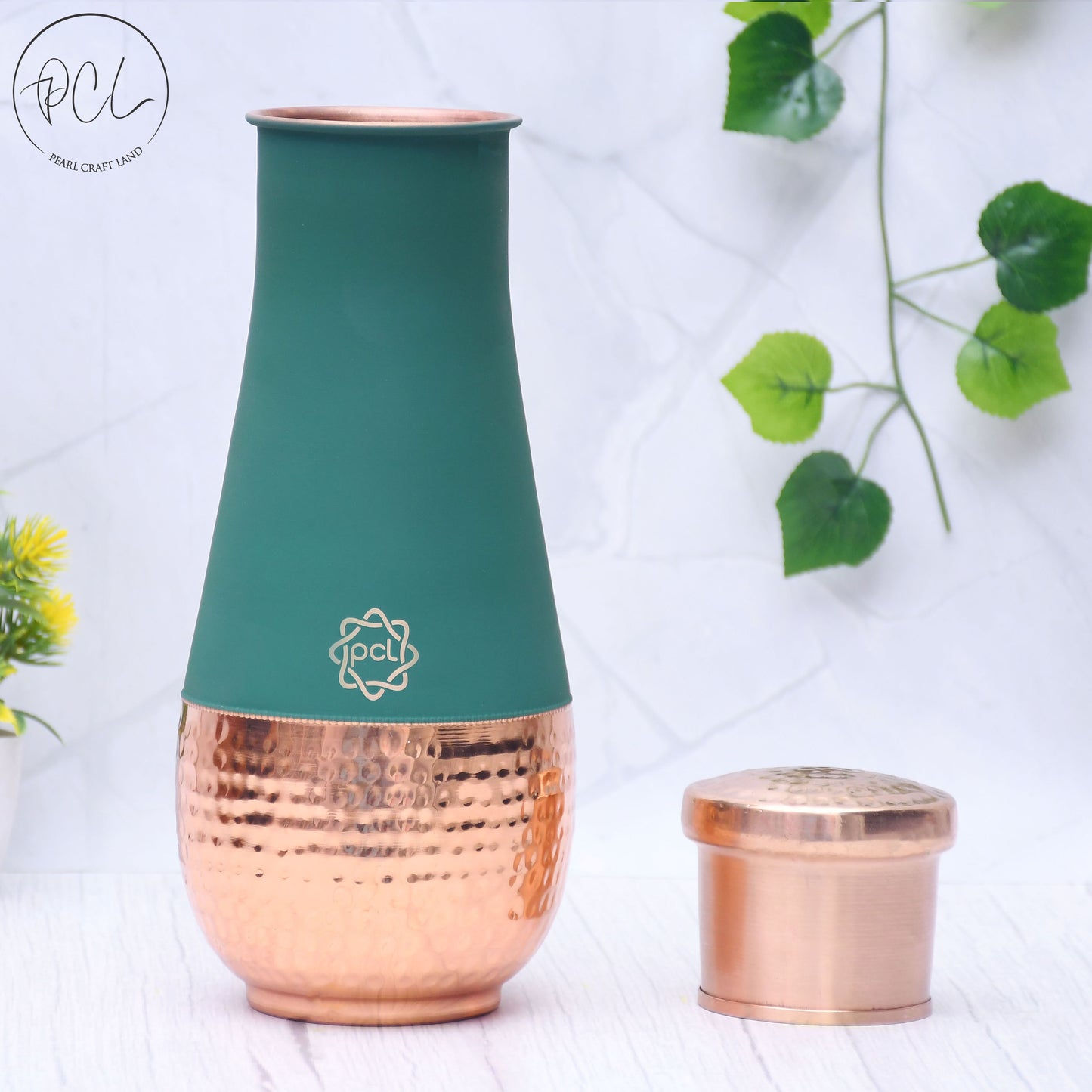 Pure Copper Silk Green Tulip Jar with Inbuilt Glass Capacity 1400ml