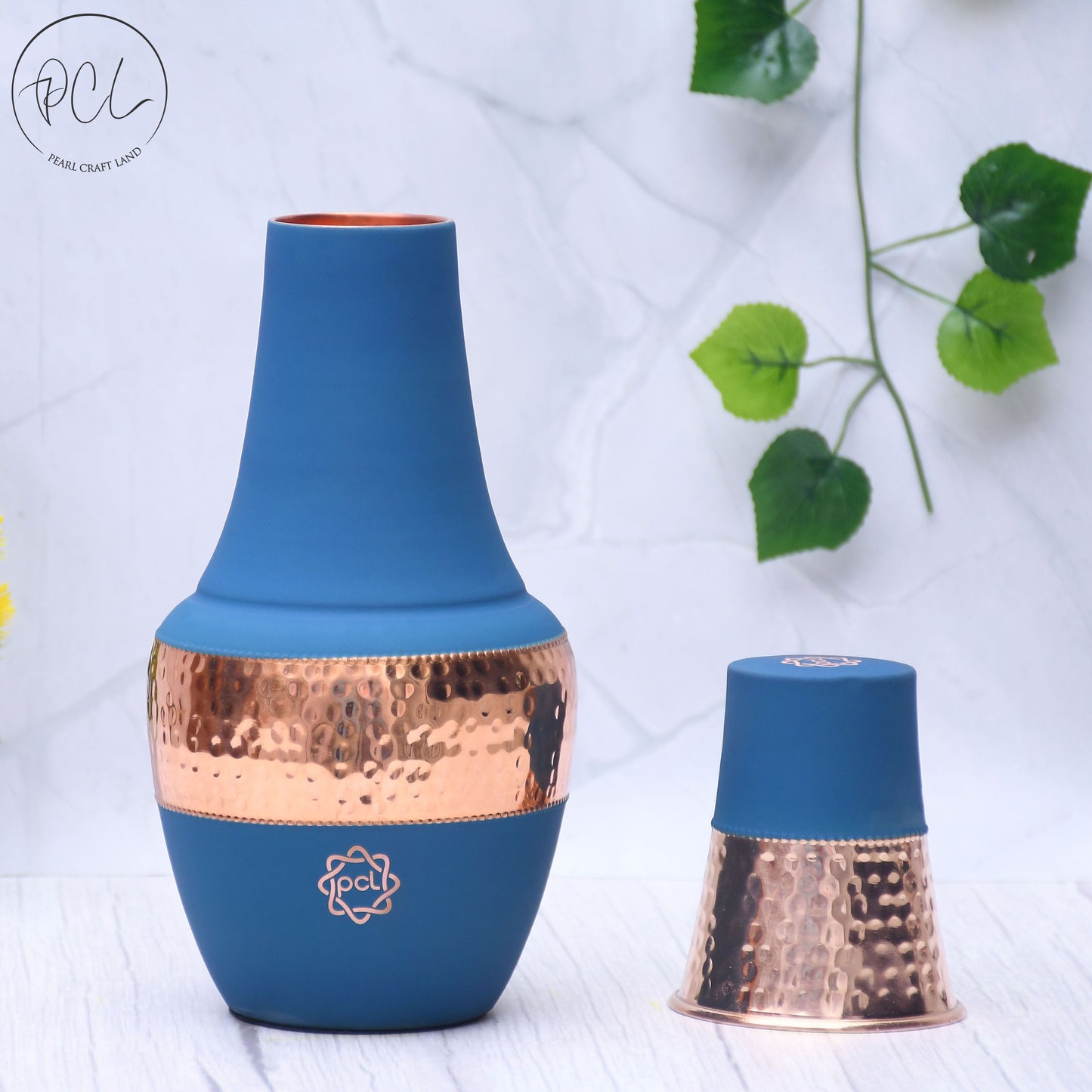 Pure Copper Silk Blue Venus Pot with Inbuilt Glass Capacity 1400ML.