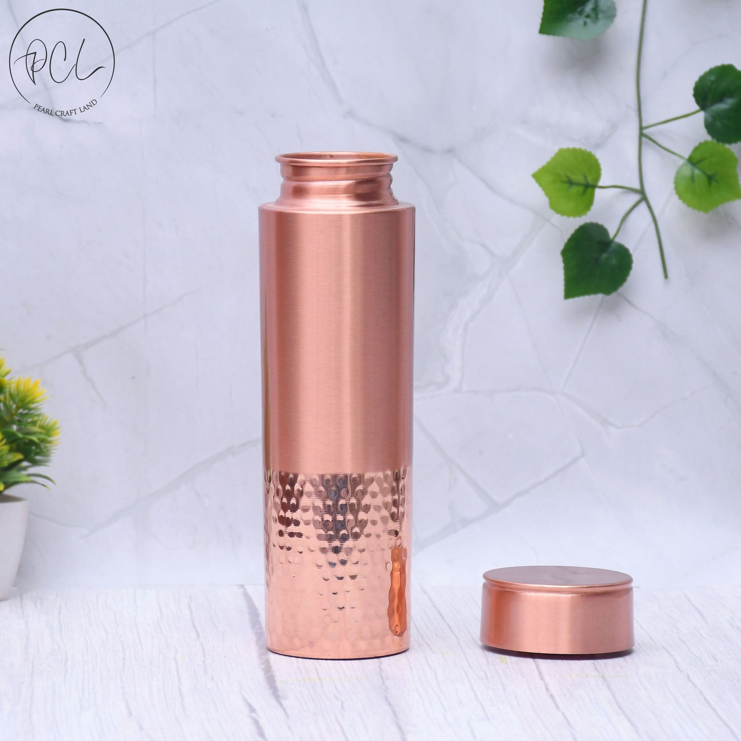 Pure Copper Water Bottle Half Hammered and Half Matt Straight Capacity 1000ML