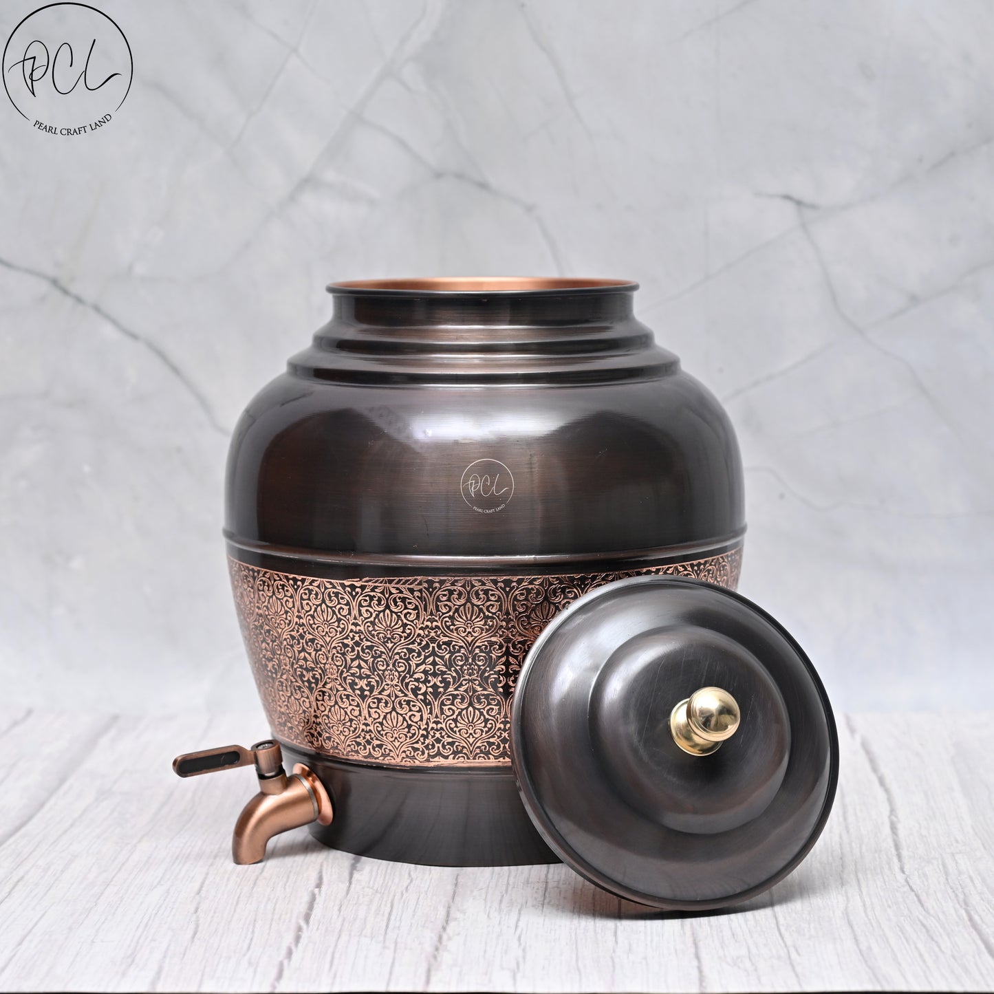 Pure Copper Water Dispenser Round Antique Engraved Designed Matka.