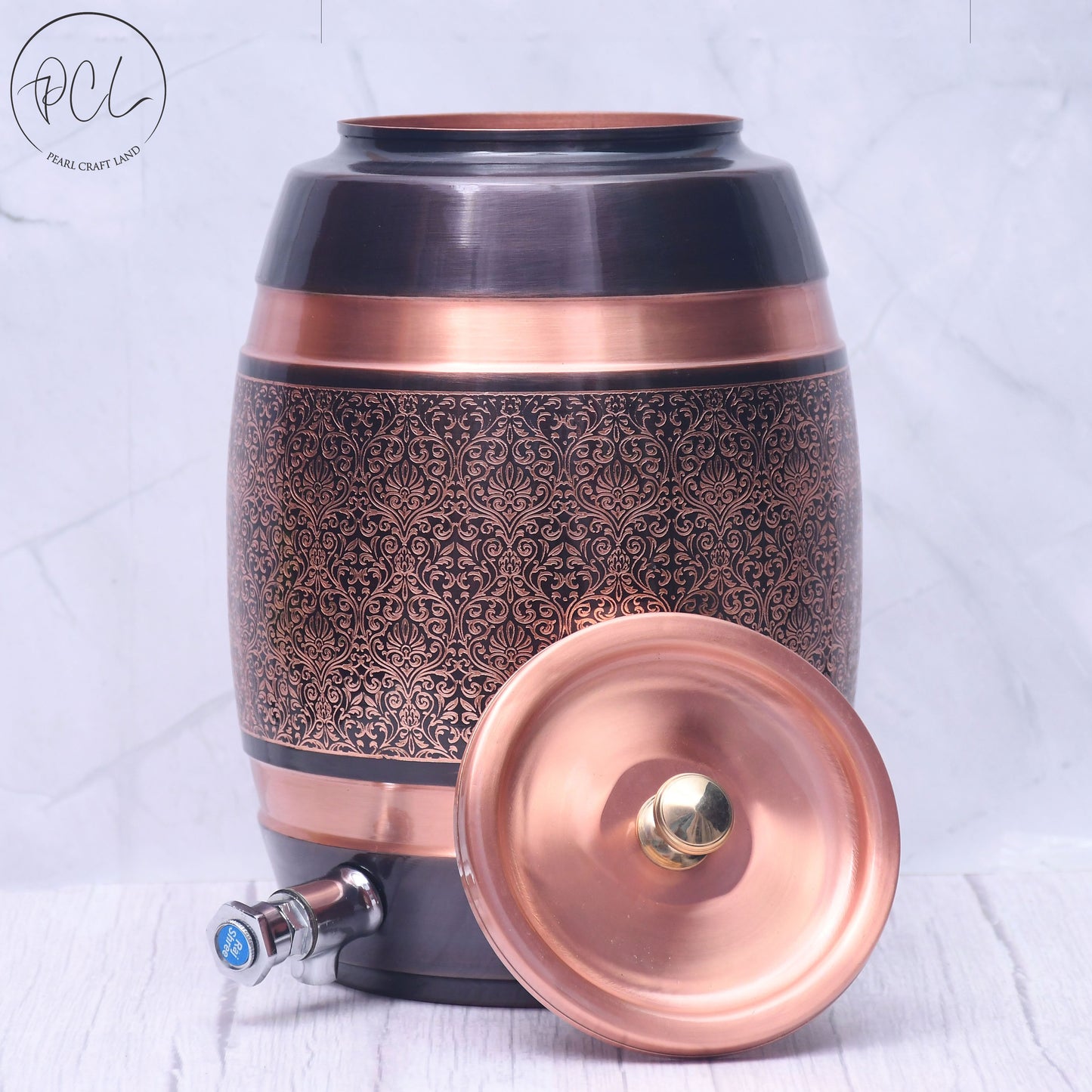 Pure Copper Water Dispenser Barrel Matka Antique Engraved Designed Capacity 8000 ML.