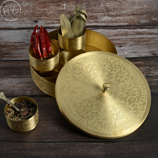 Handcrafted Brass Masala Box Full Etched Set for Kitchen with Spoon