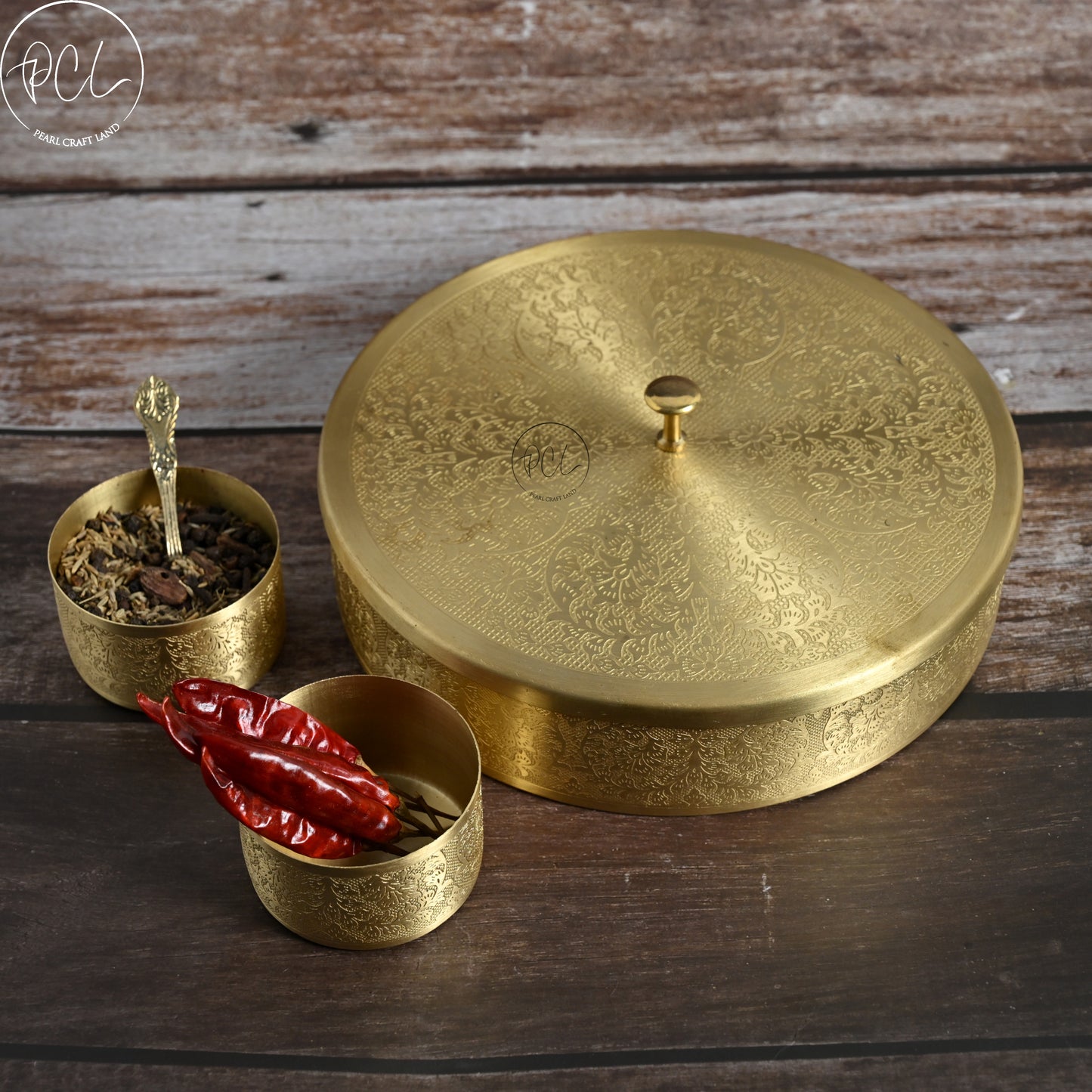 Handcrafted Brass Masala Box Full Etched Set for Kitchen with Spoon