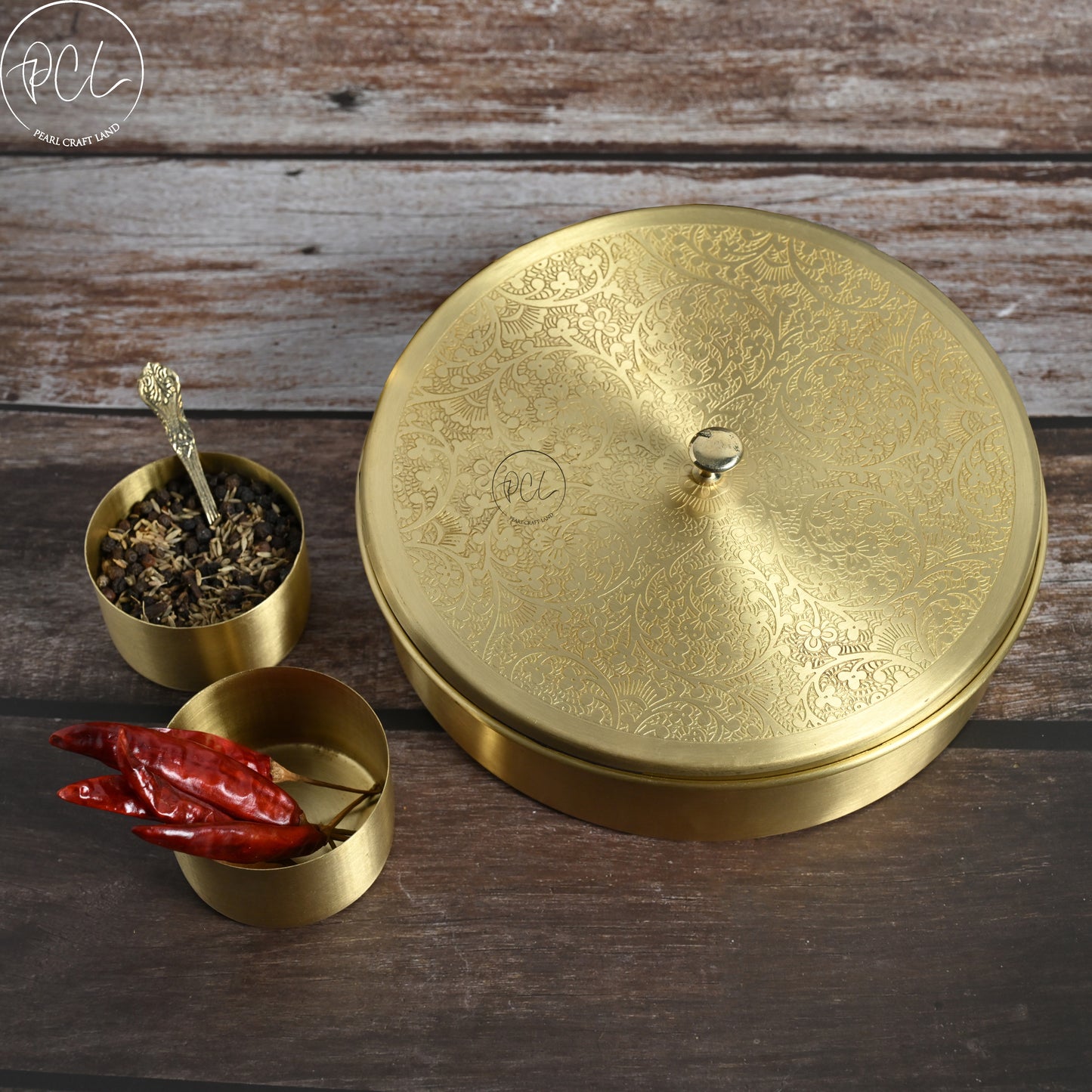 Handcrafted Brass  Half Etched Masala Box Set for Kitchen with Spoon